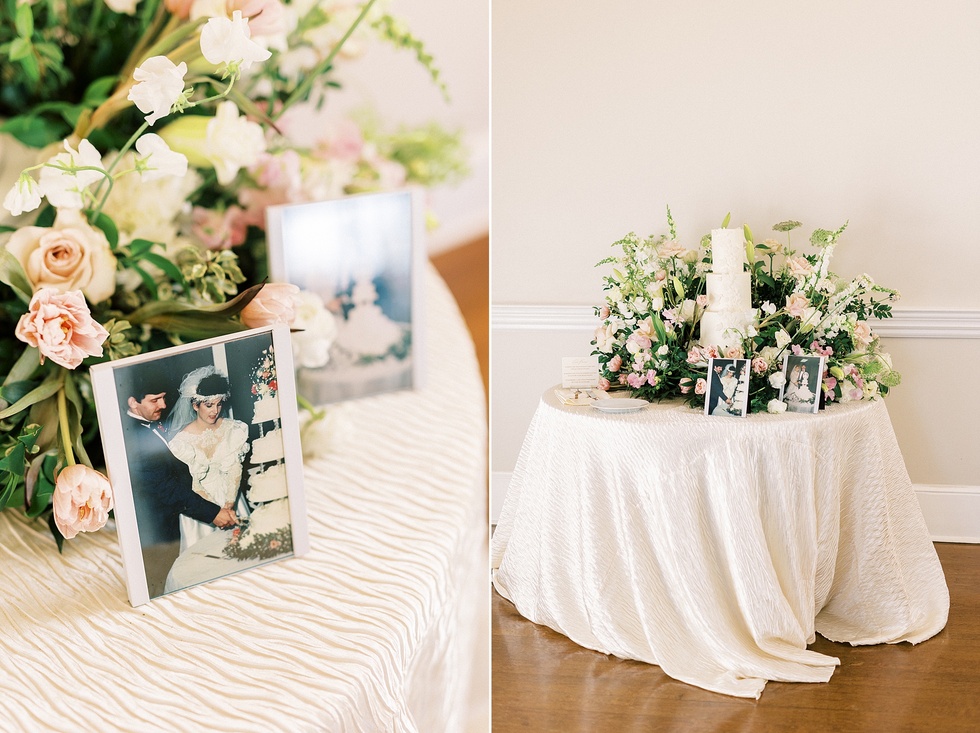 cake table with wedding photos of cake cutting at Separk Mansion