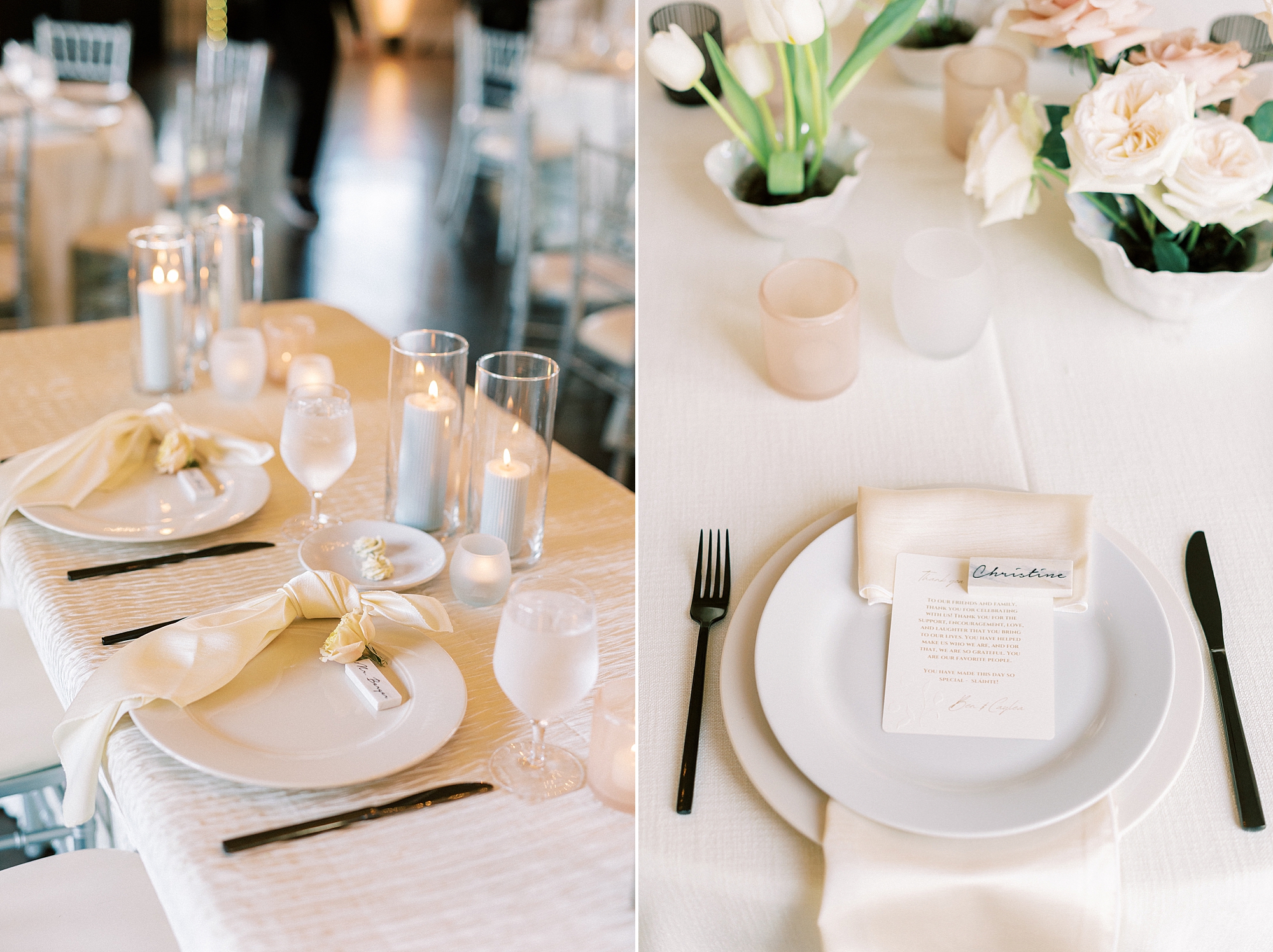 place settings for spring Separk Mansion wedding reception with white napkins