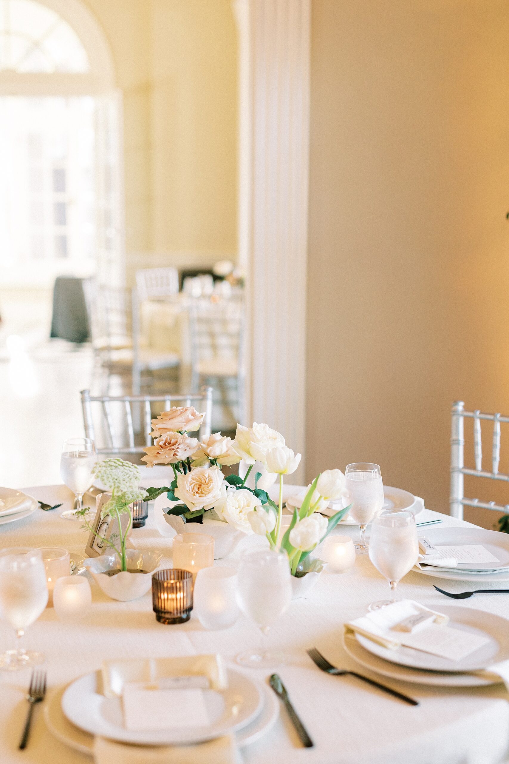 wedding reception with pink and Ivory flowers at Separk Mansion