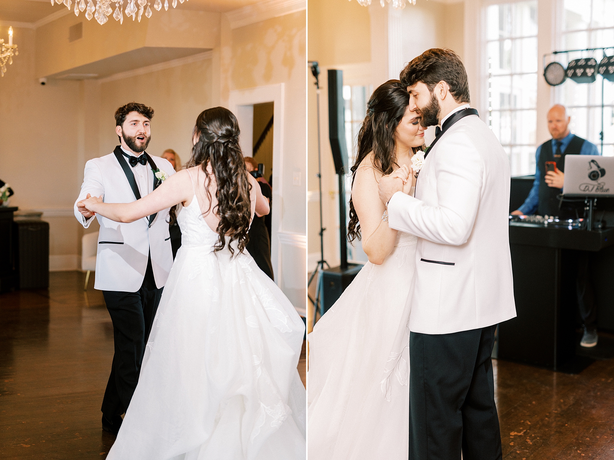 bride and groom dance during NC wedding reception at Separk Mansion
