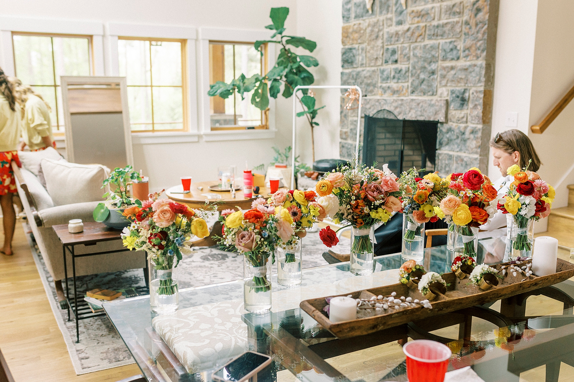 wedding day bouquets sit on table inside Fairfield NC home 