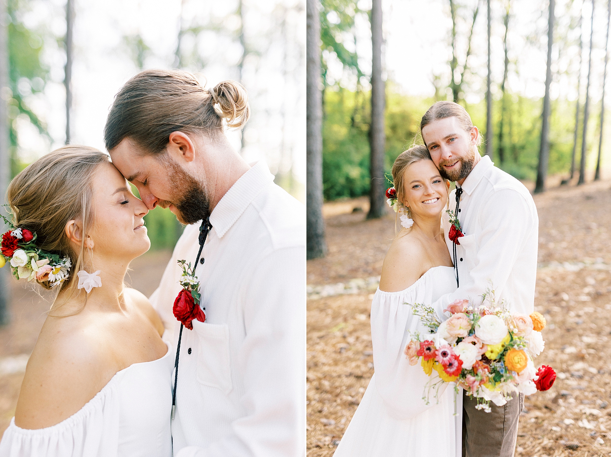 bride and groom snuggle and nuzzles noses during summer wedding day