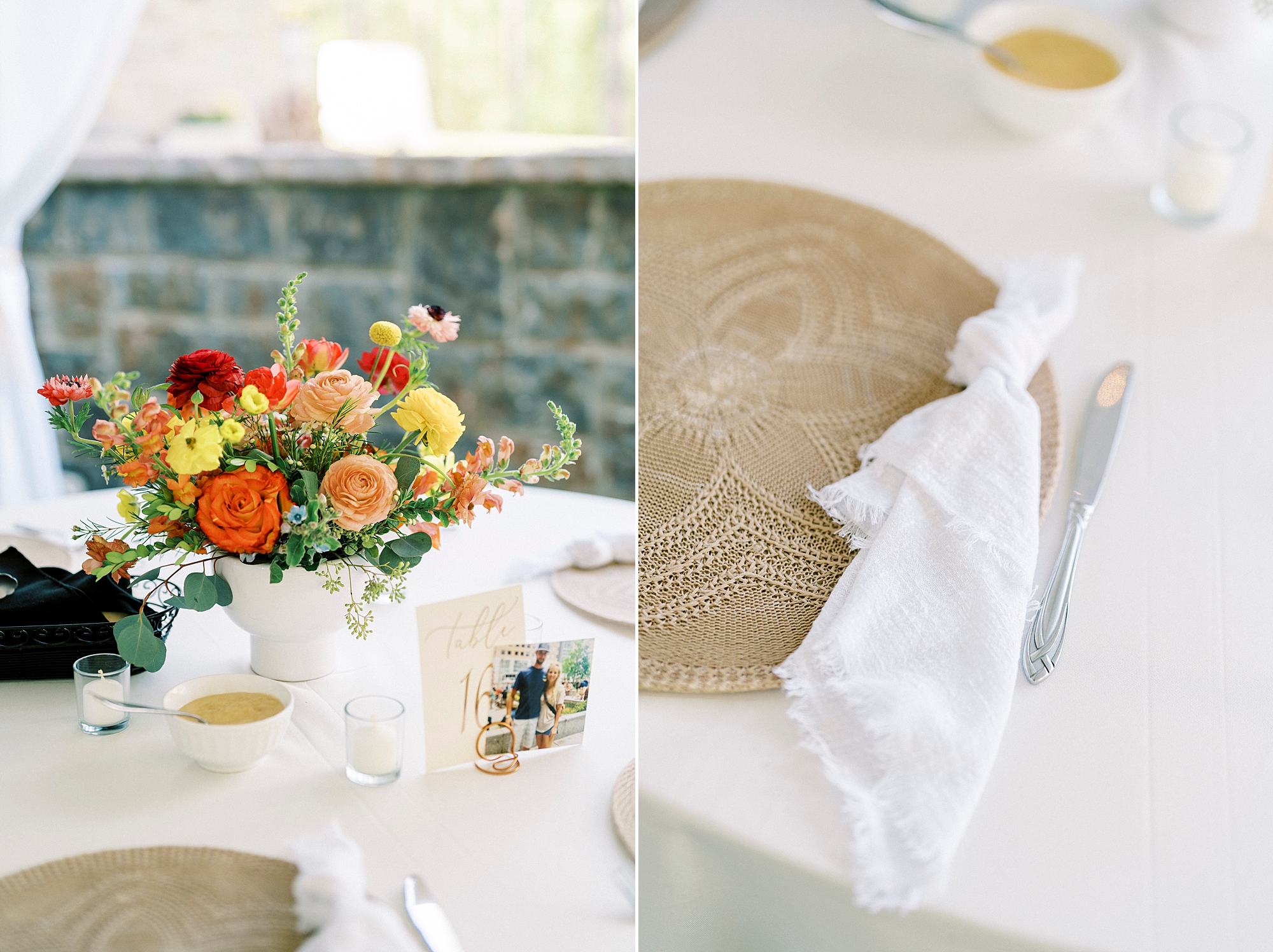 floral centerpieces of red, orange, and yellow flowers near woven chargers 