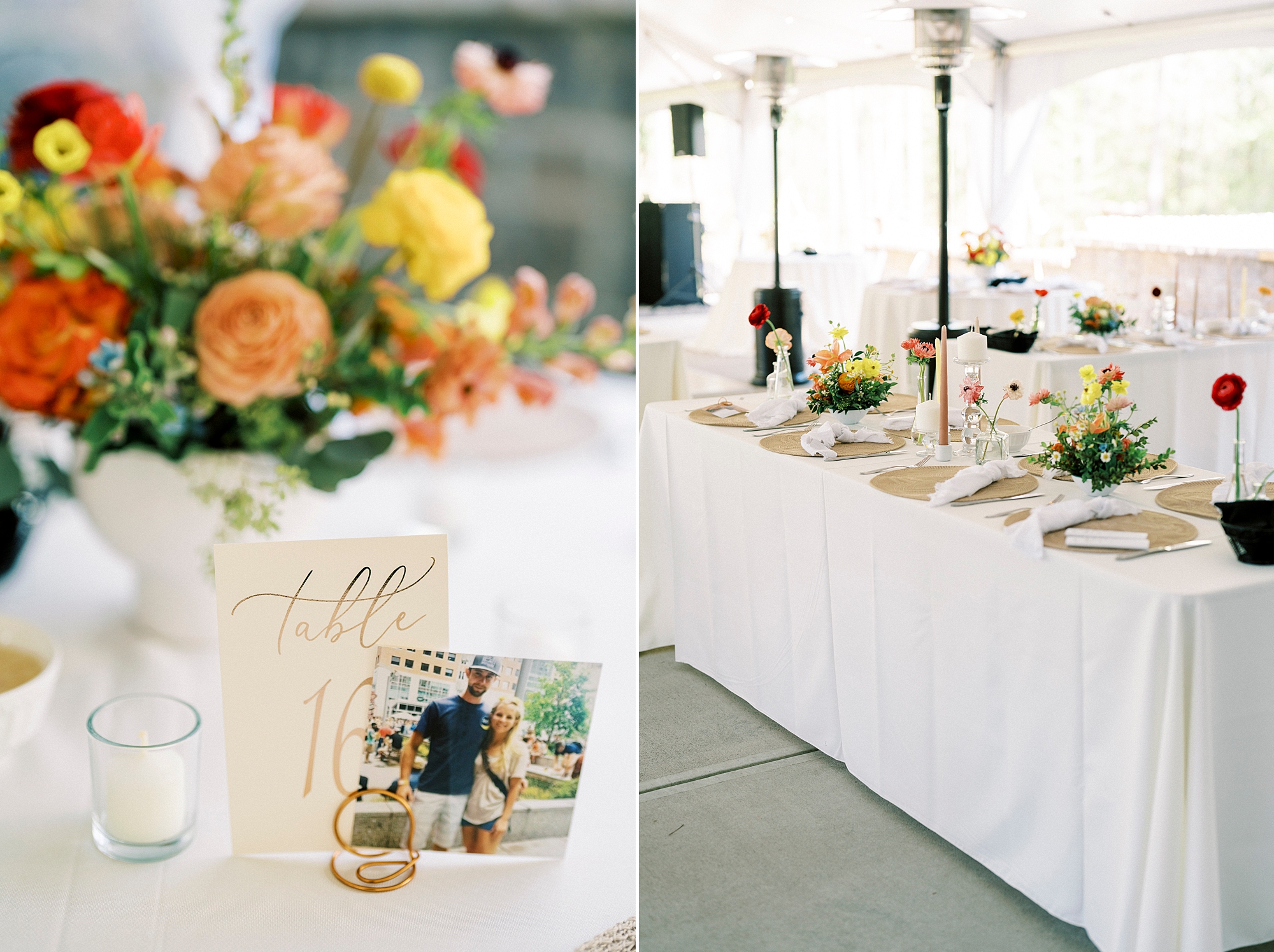 place settings and centerpieces with yellow and peach flowers 