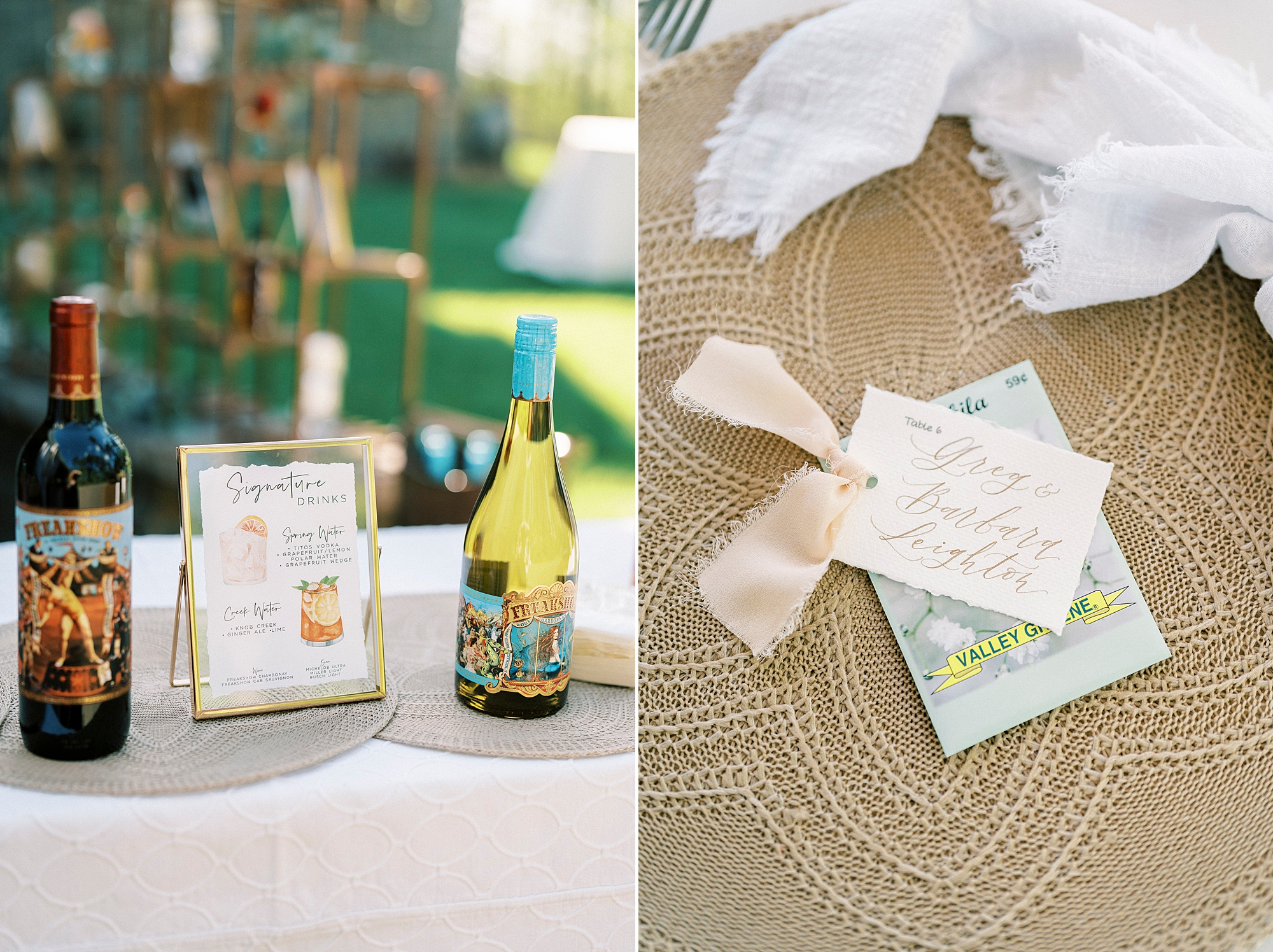 wine bottle next to custom cocktails for wedding reception on lawn in Richfield NC