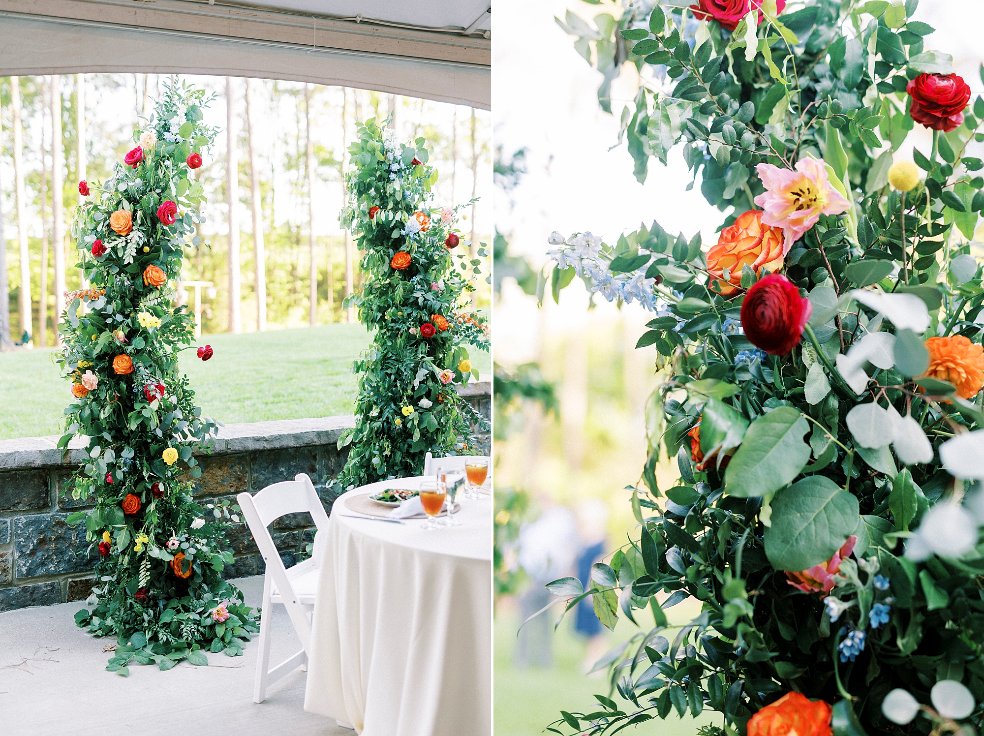 red and pink flowers rest on installations for wedding reception on lawn in Richfield NC