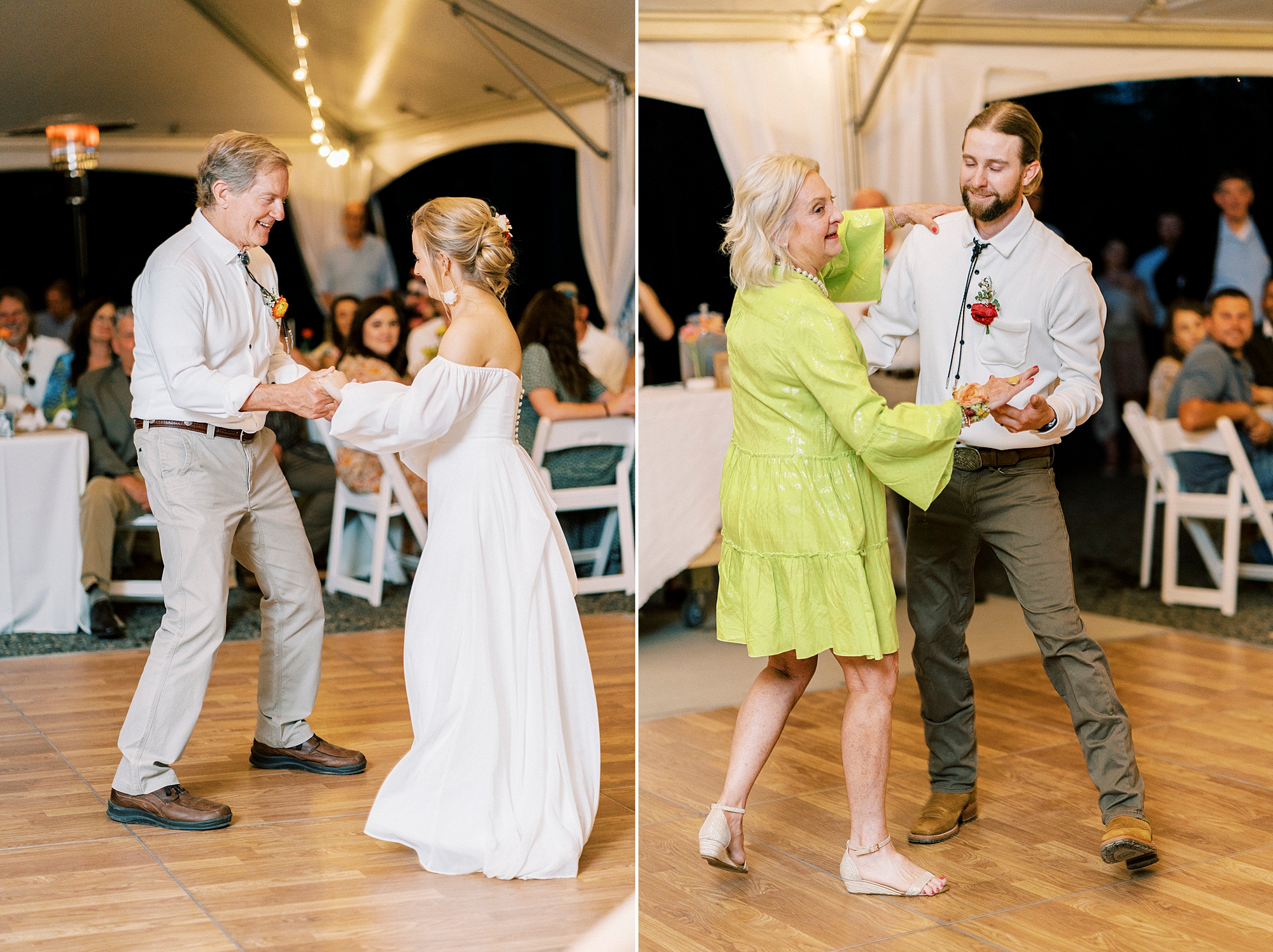 bride and groom dance with parents during wedding reception on lawn in Richfield NC