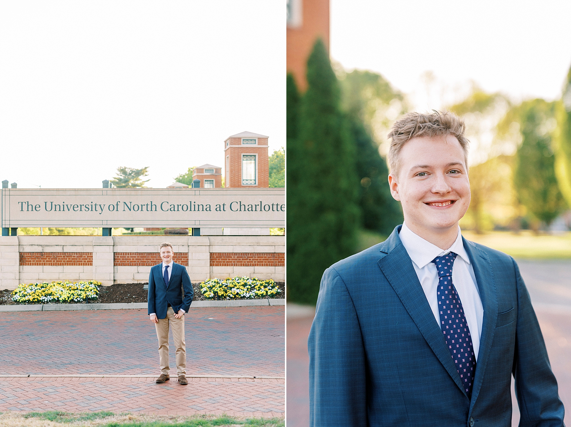 senior guy in navy blazer with tie stands on campus at UNC Charlotte