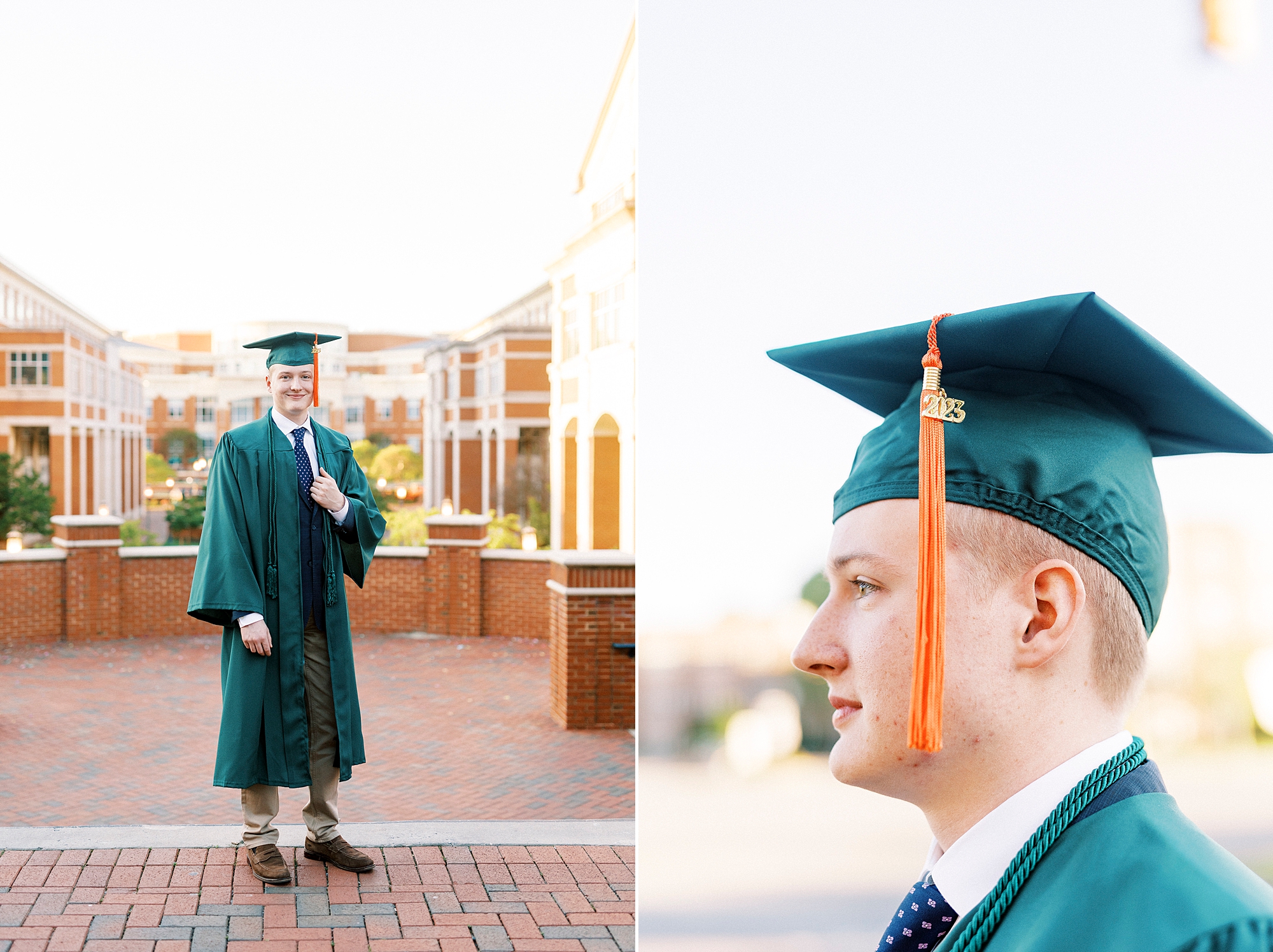 senior's green cap and gown with orange tassel