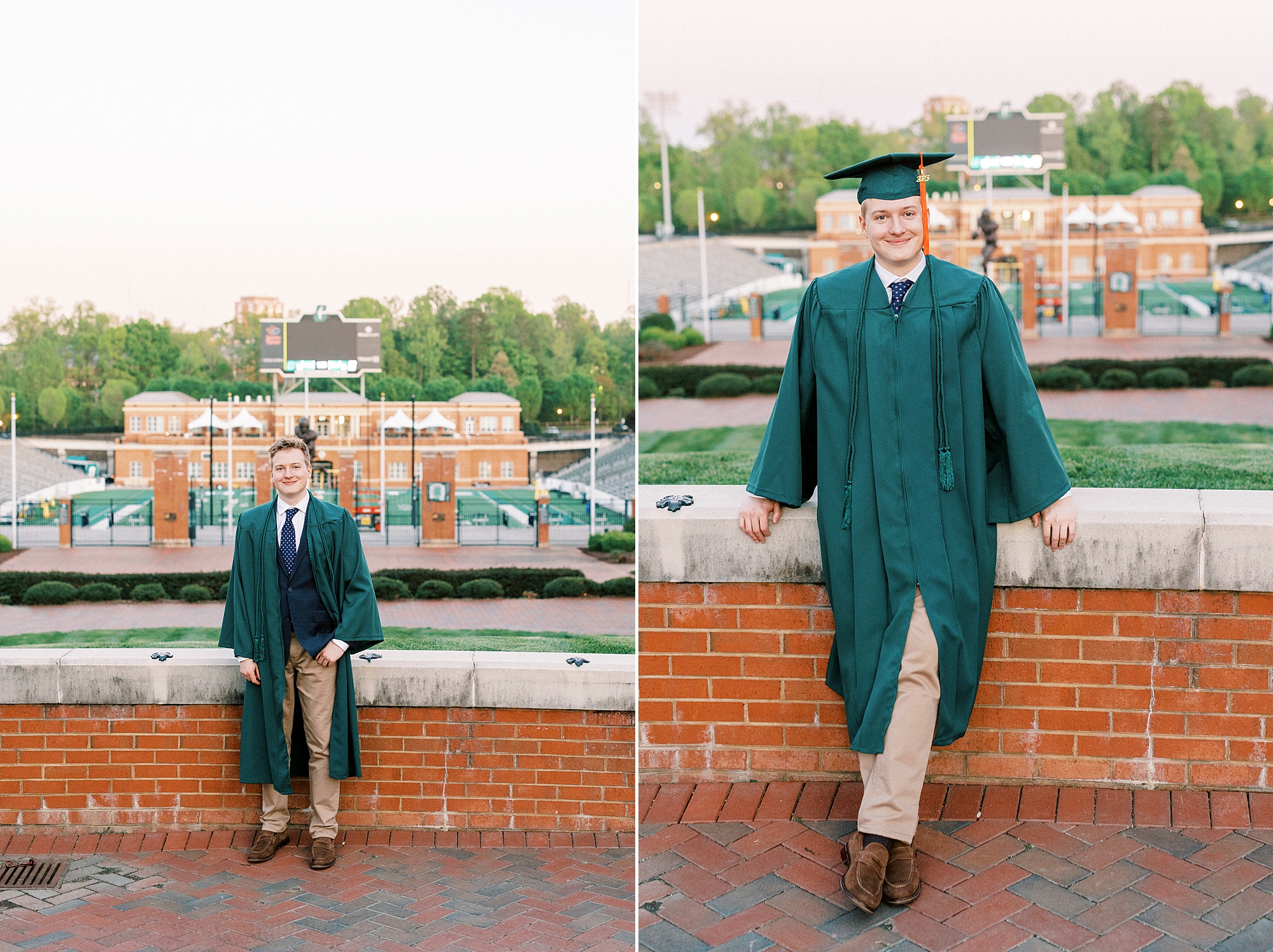 senior guy leans against brick wall at UNC Charlotte