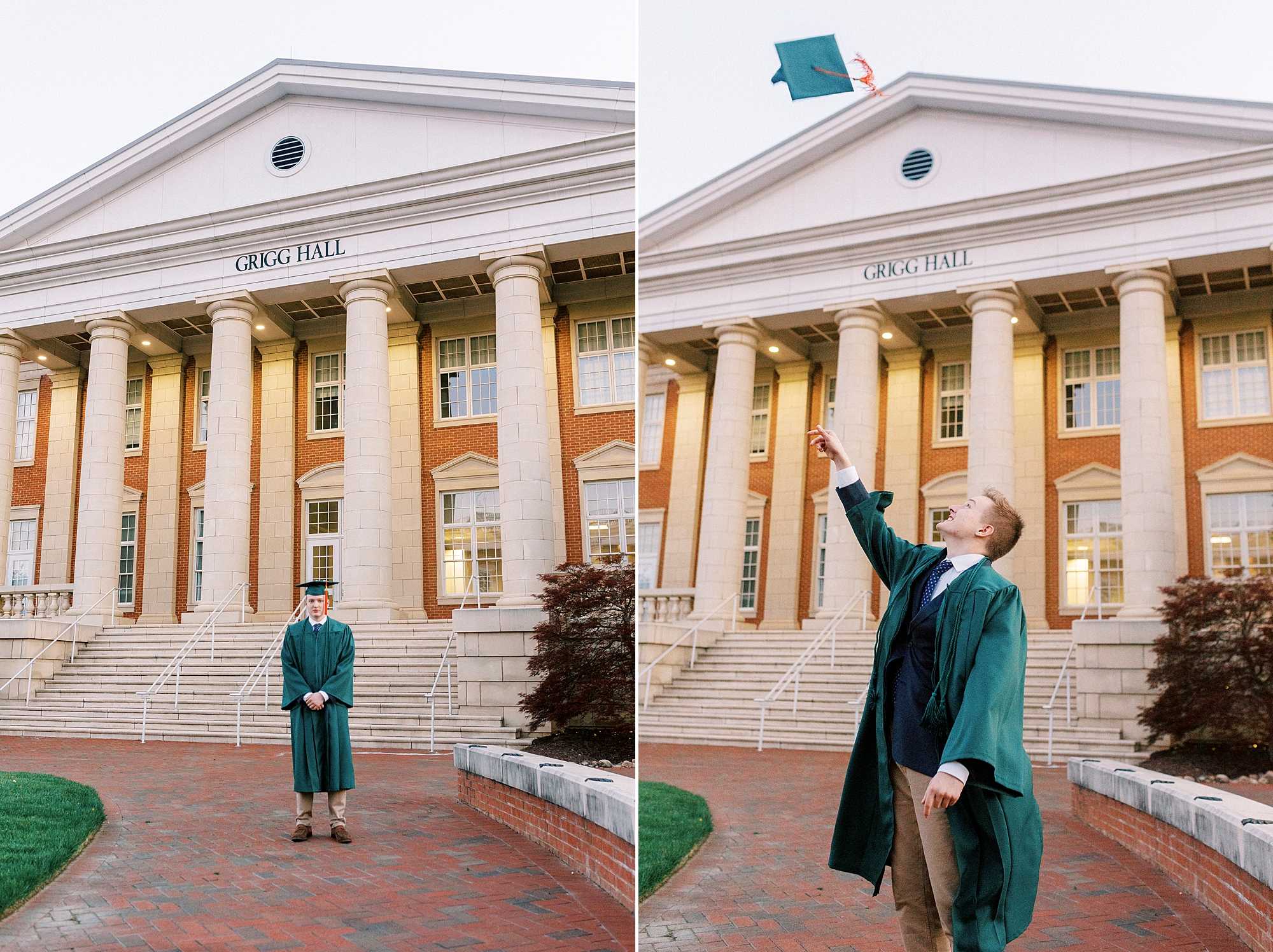 senior tosses green cap in the air outside campus building