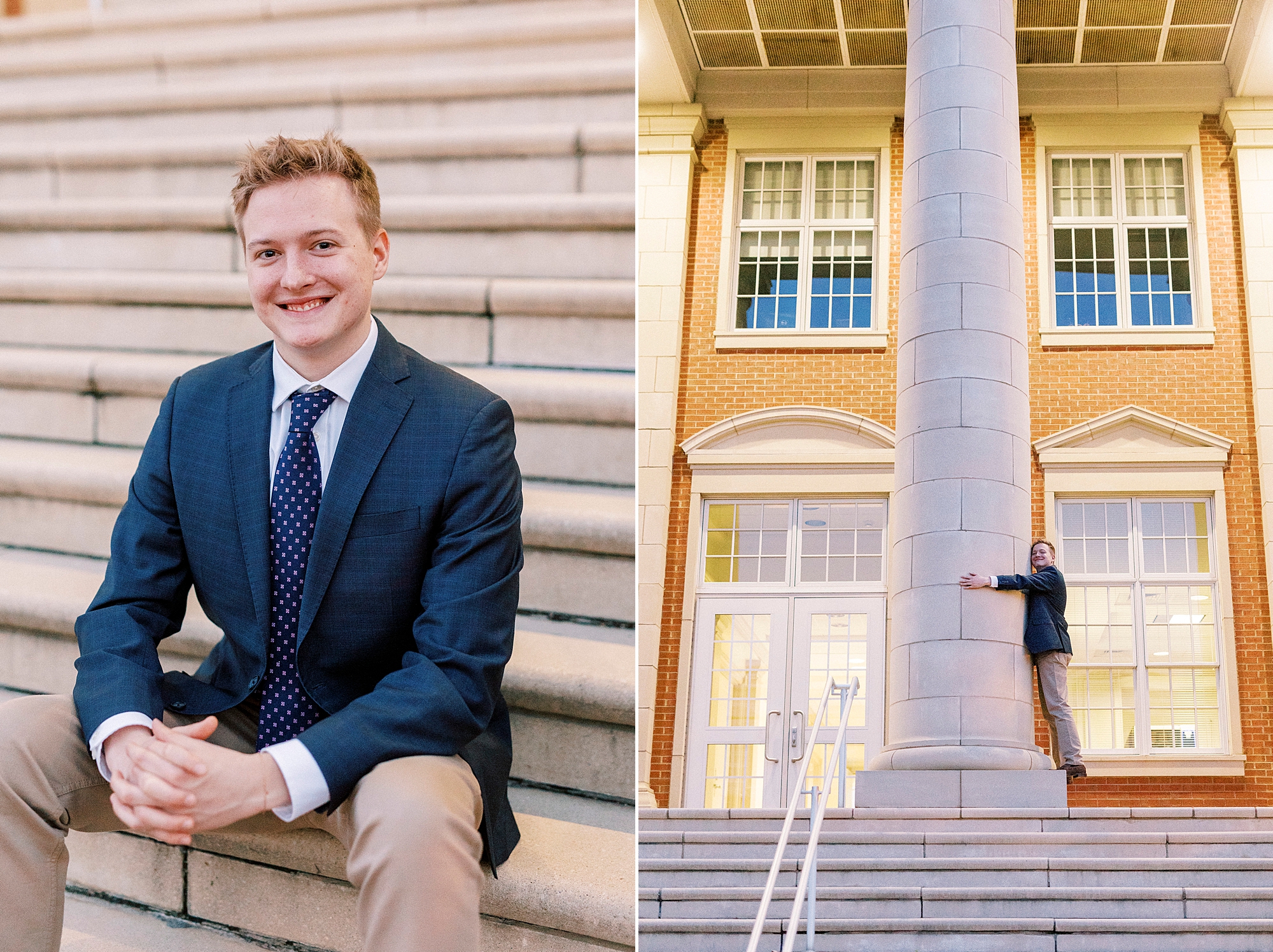 senior guy in navy blazer sits on campus steps at UNC Charlotte
