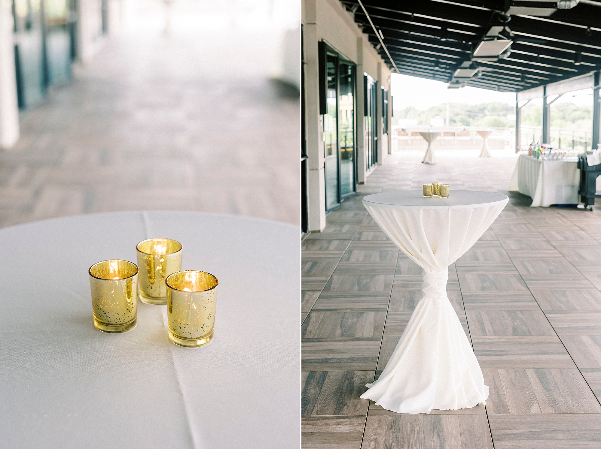 tables on patio with gold candles for cocktail hour