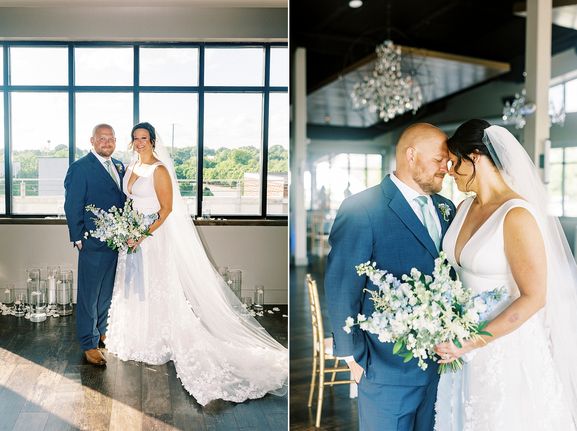 bride and groom hug leaning heads together inside the Terrace at Cedar Hill