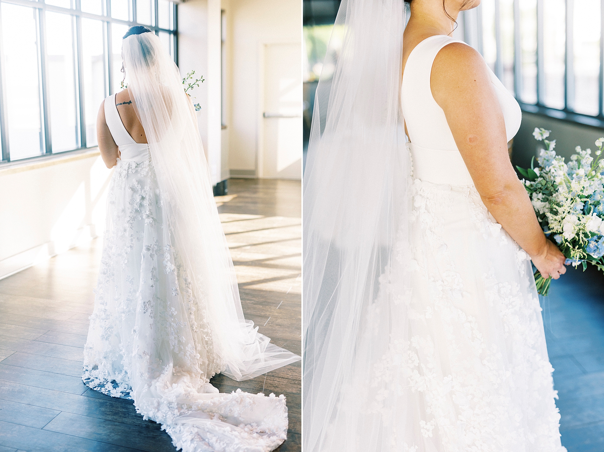bride turns showing off lace skirt of wedding dress