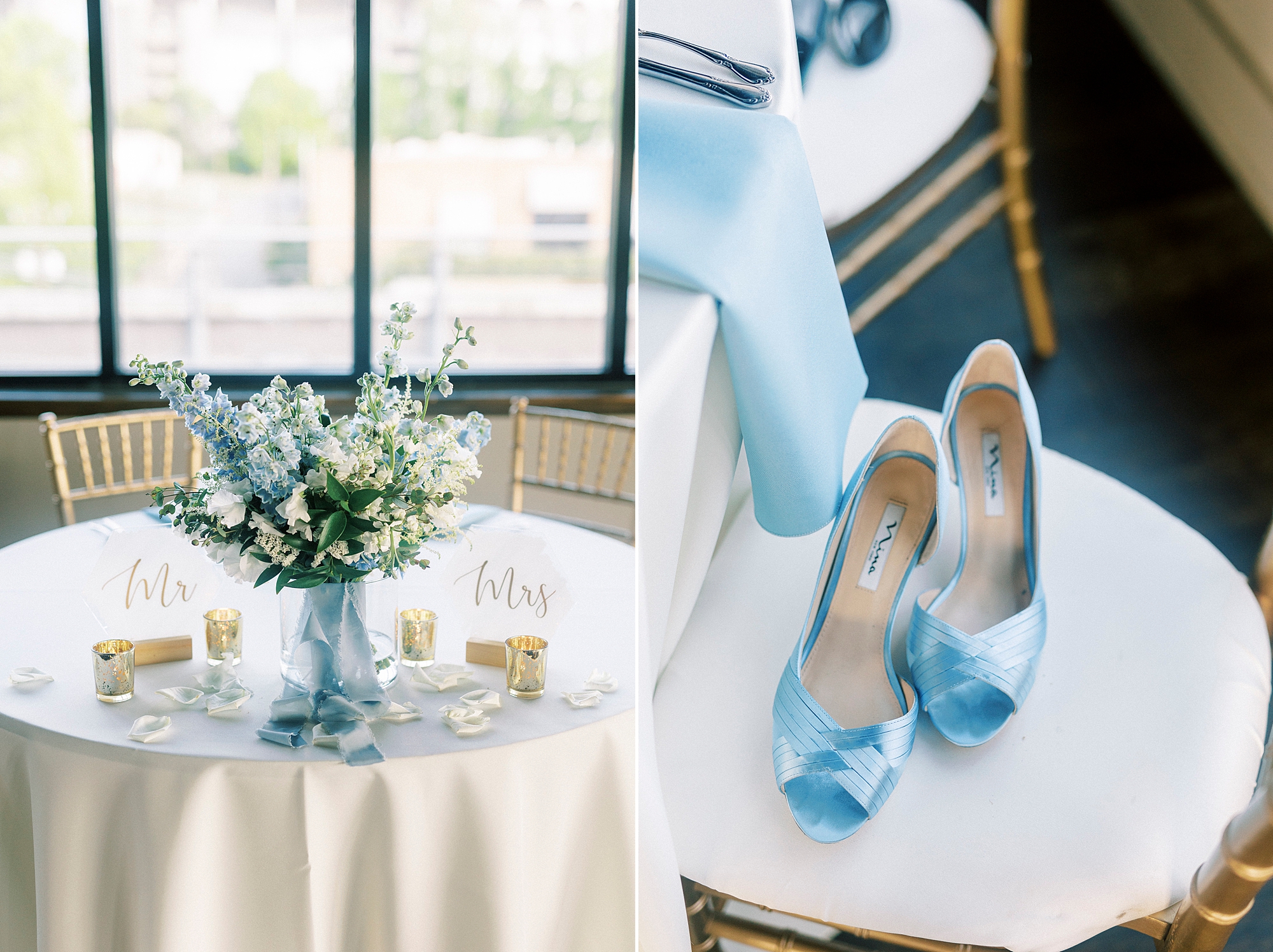 bride's pastel blue shoes rest on chair at the Terrace at Cedar Hill
