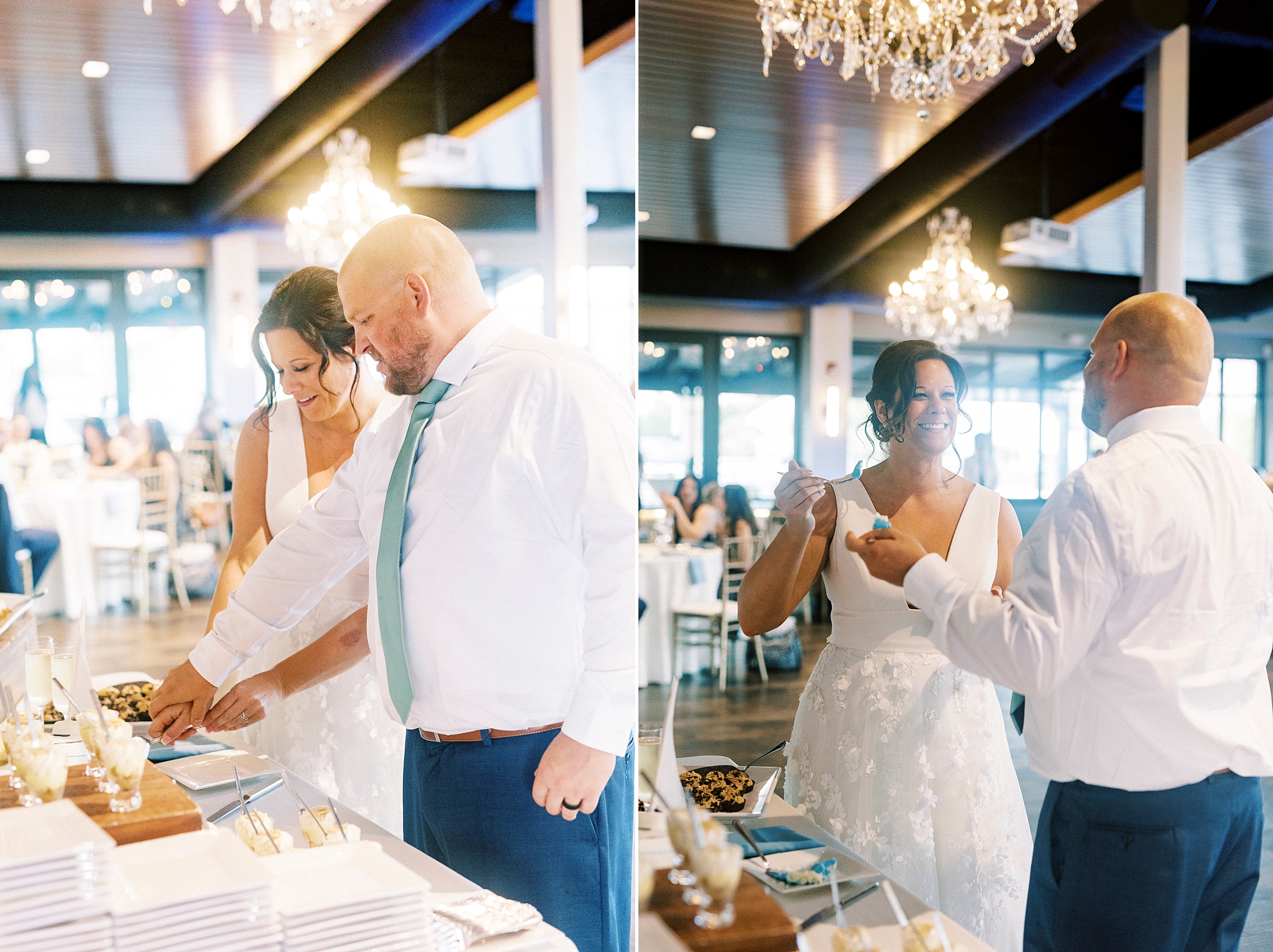 bride and groom cut wedding cake at the Terrace at Cedar Hill