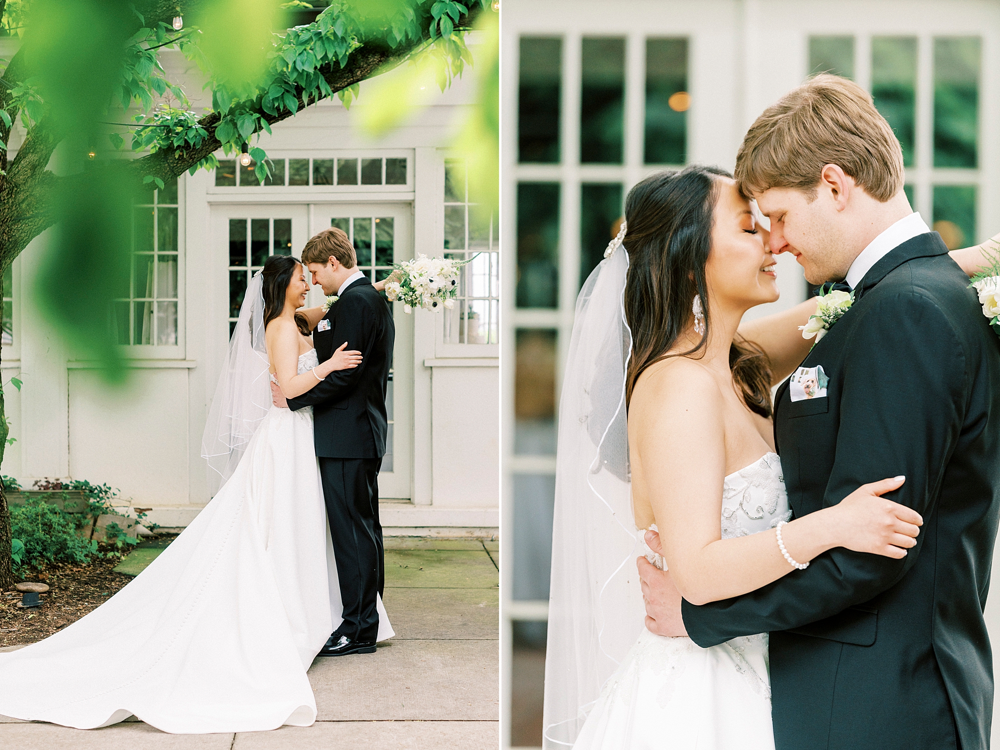 bride and groom lean heads together during wedding photos on patio at The Spring House