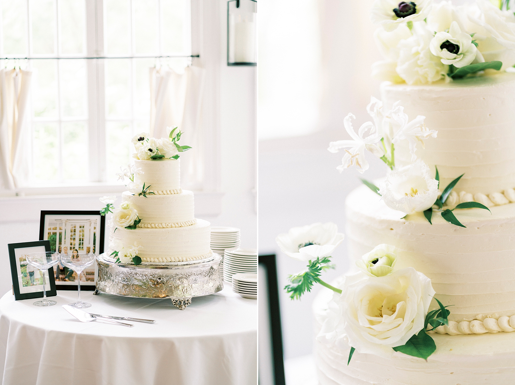 tiered wedding cake with white roses on table inside The Spring House