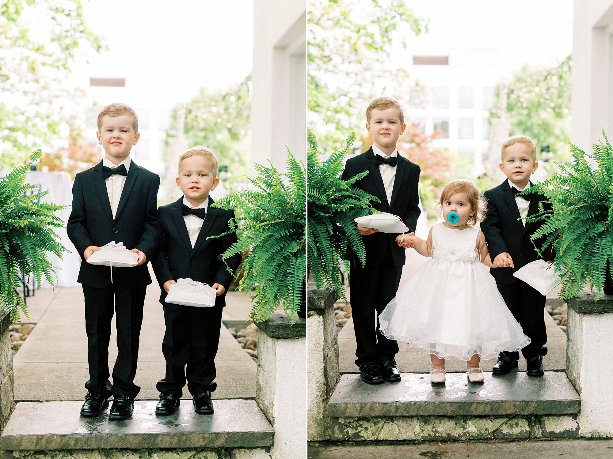 ring bearers and flower girl stand on steps before ceremony at The Spring House