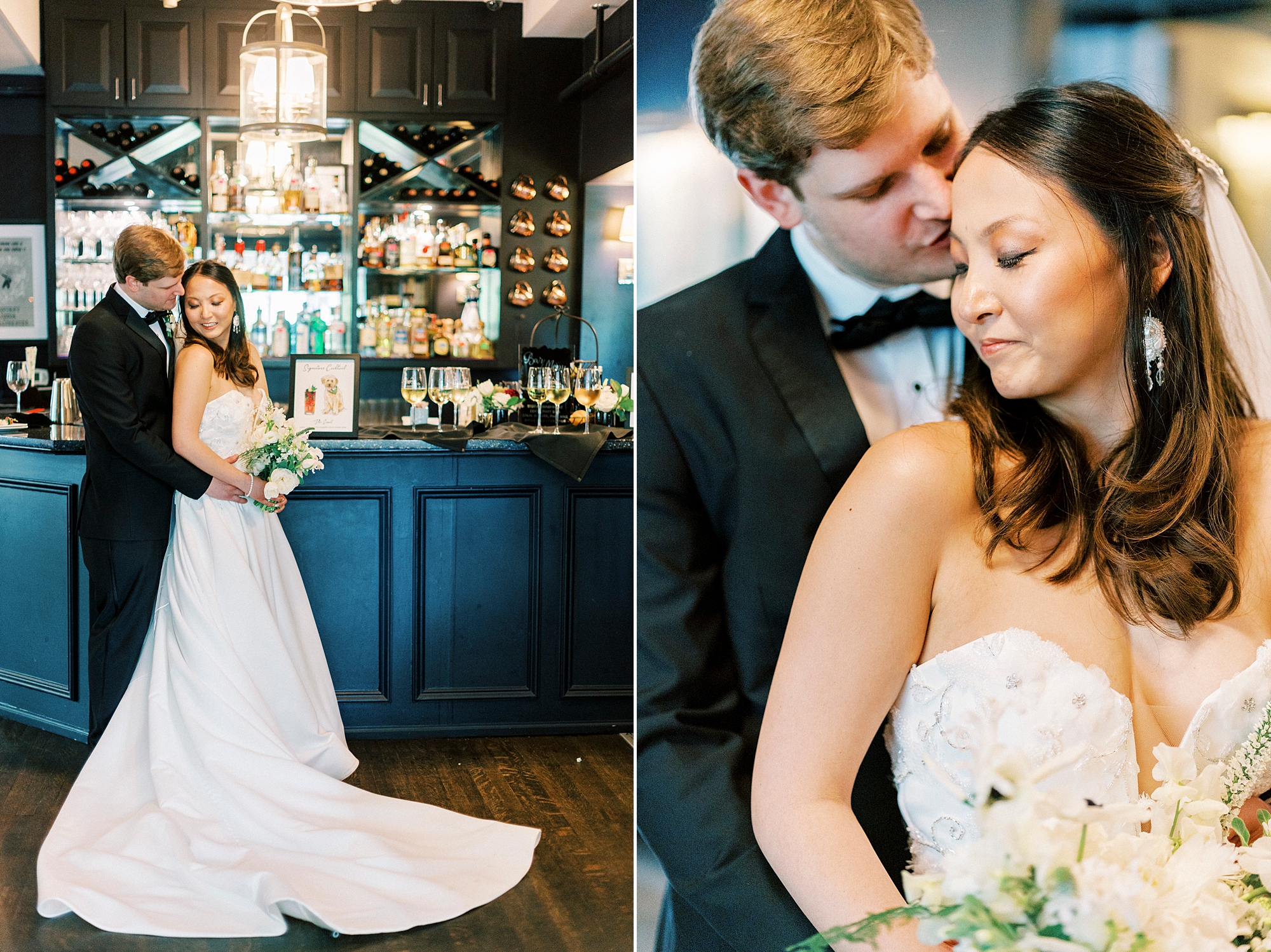 bride and groom hug by bar inside The Spring House