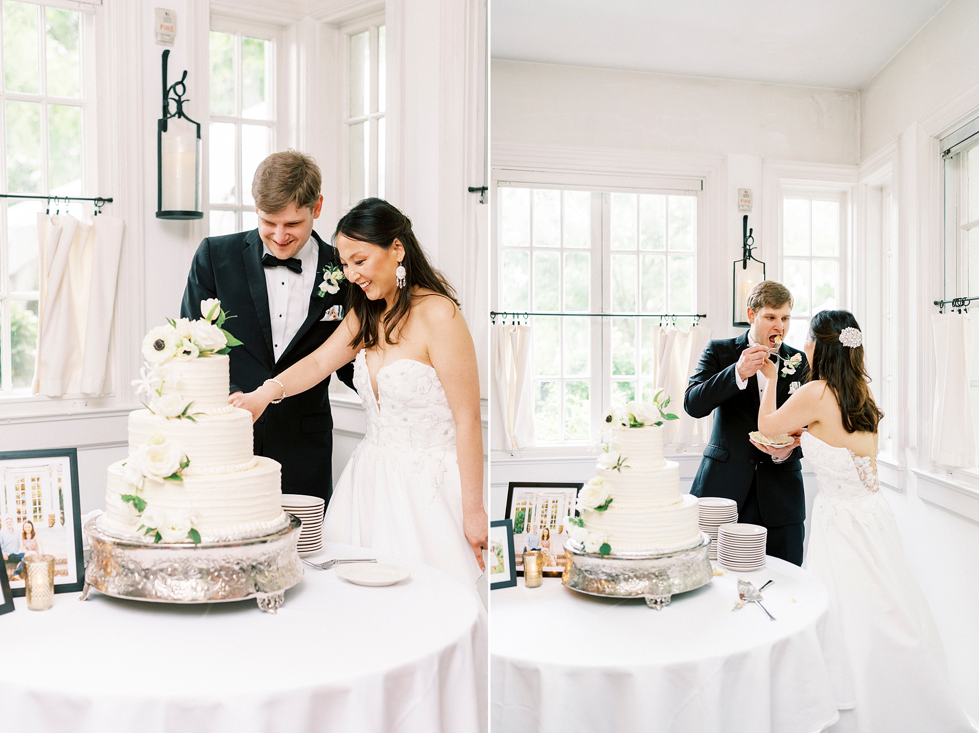 newlyweds cut wedding cake during reception at The Spring House