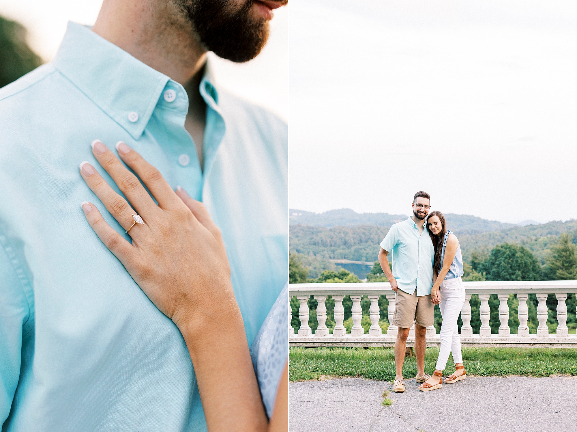 couple stands on patio at Moses Cone Manor showing off bride's ring