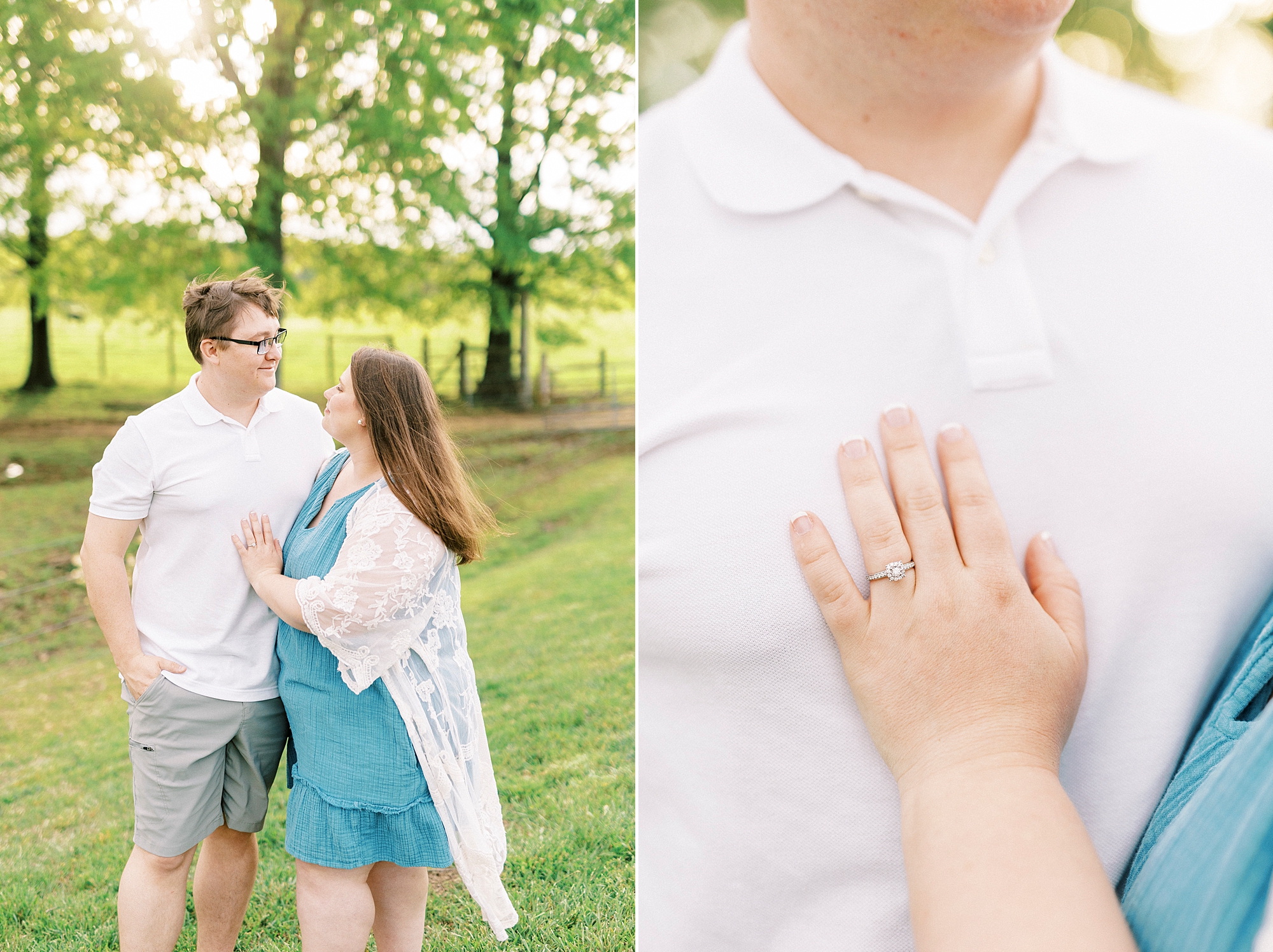 woman lays left hand on man's chest showing off engagement ring during engagement session nat the Farmstead
