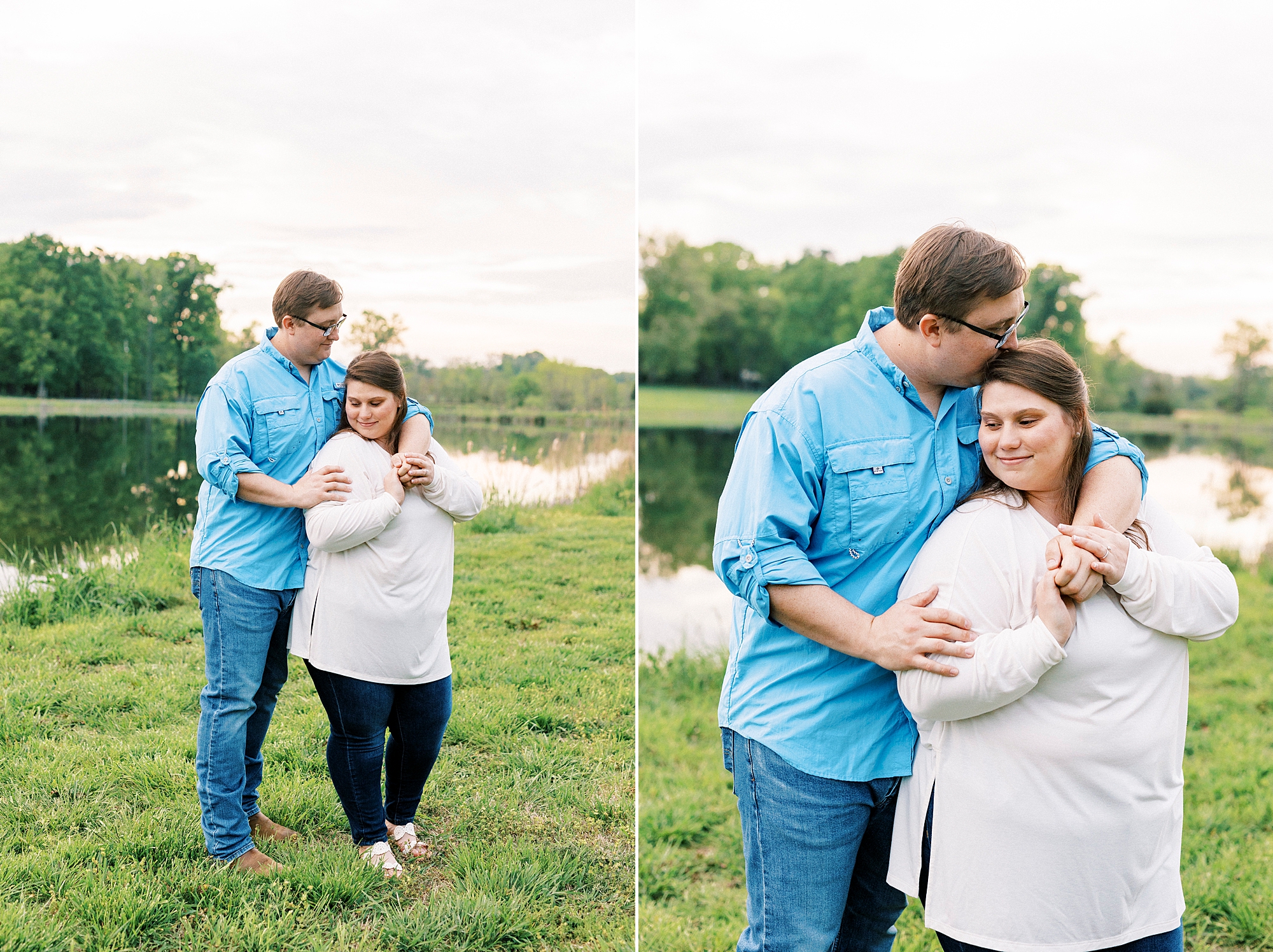 man in blue button up shirt hugs woman in ivory sweater from behind 