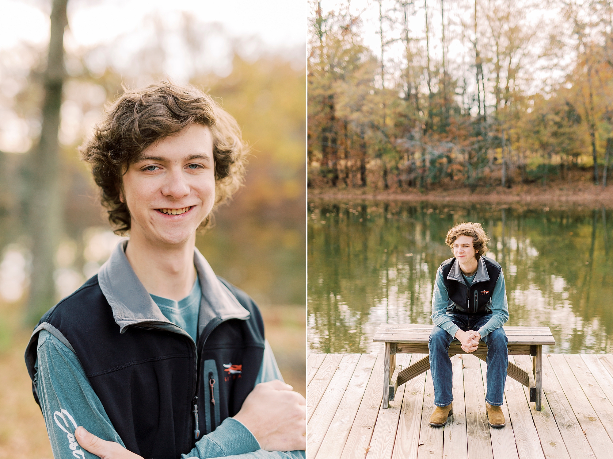 senior boy stands near lake in Midland NC