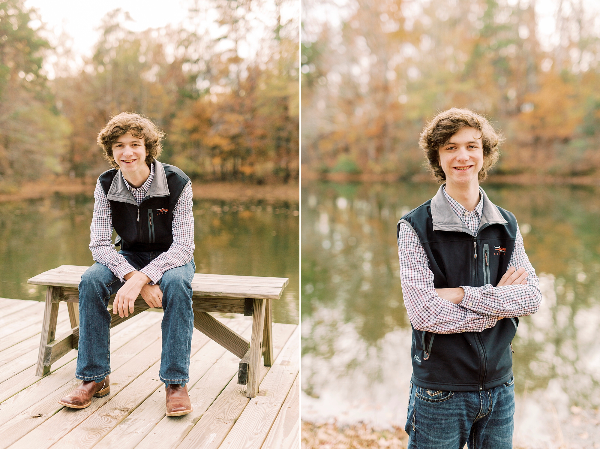 senior boy sits on wooden bench near lake in Midland NC