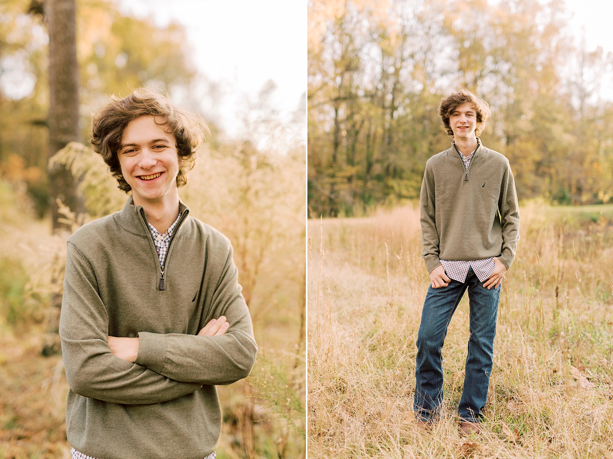 senior stands with arms crossed in field at Midland NC home