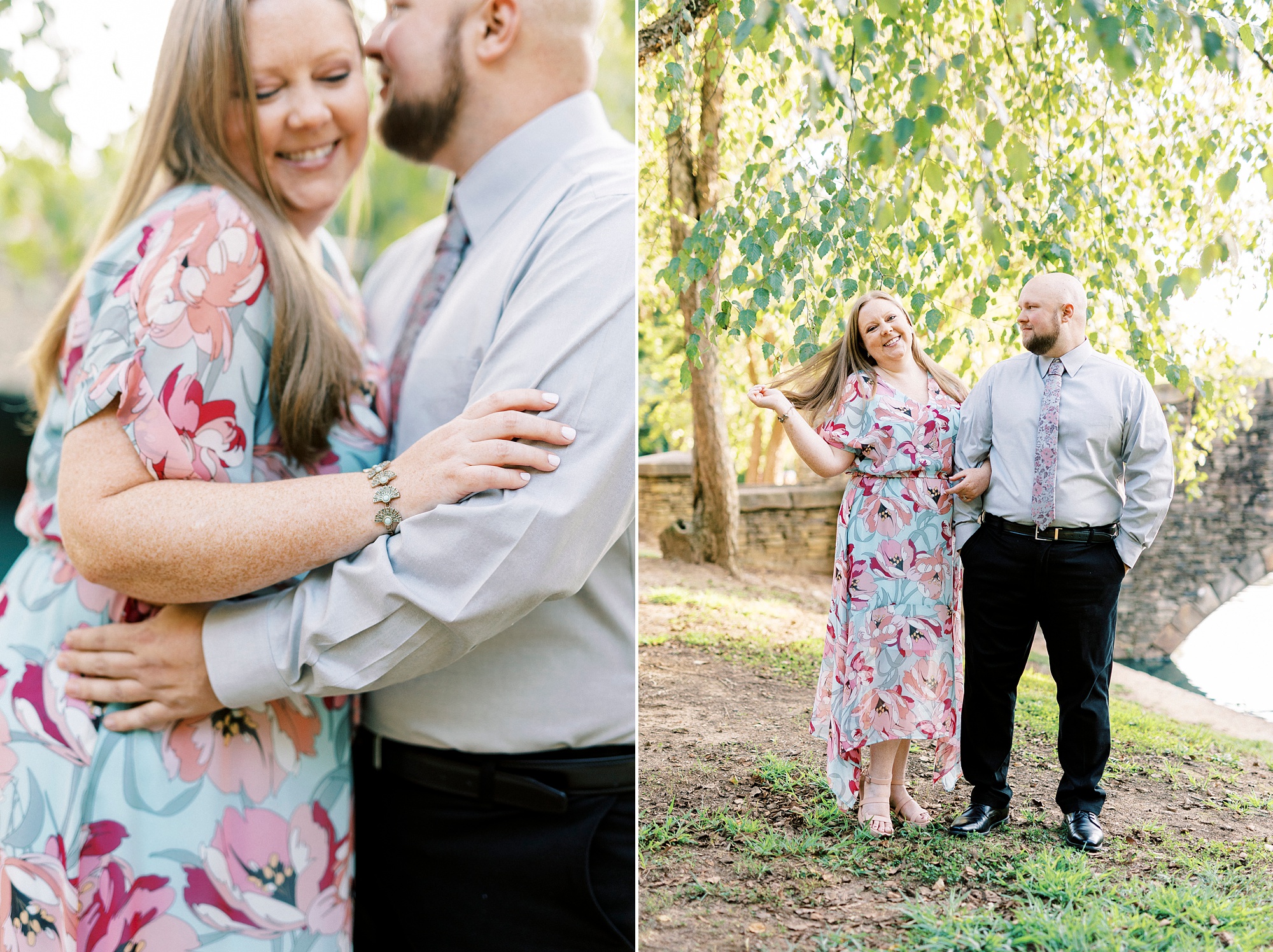 engaged couple walks near stone bridge during Freedom Park engagement portraits