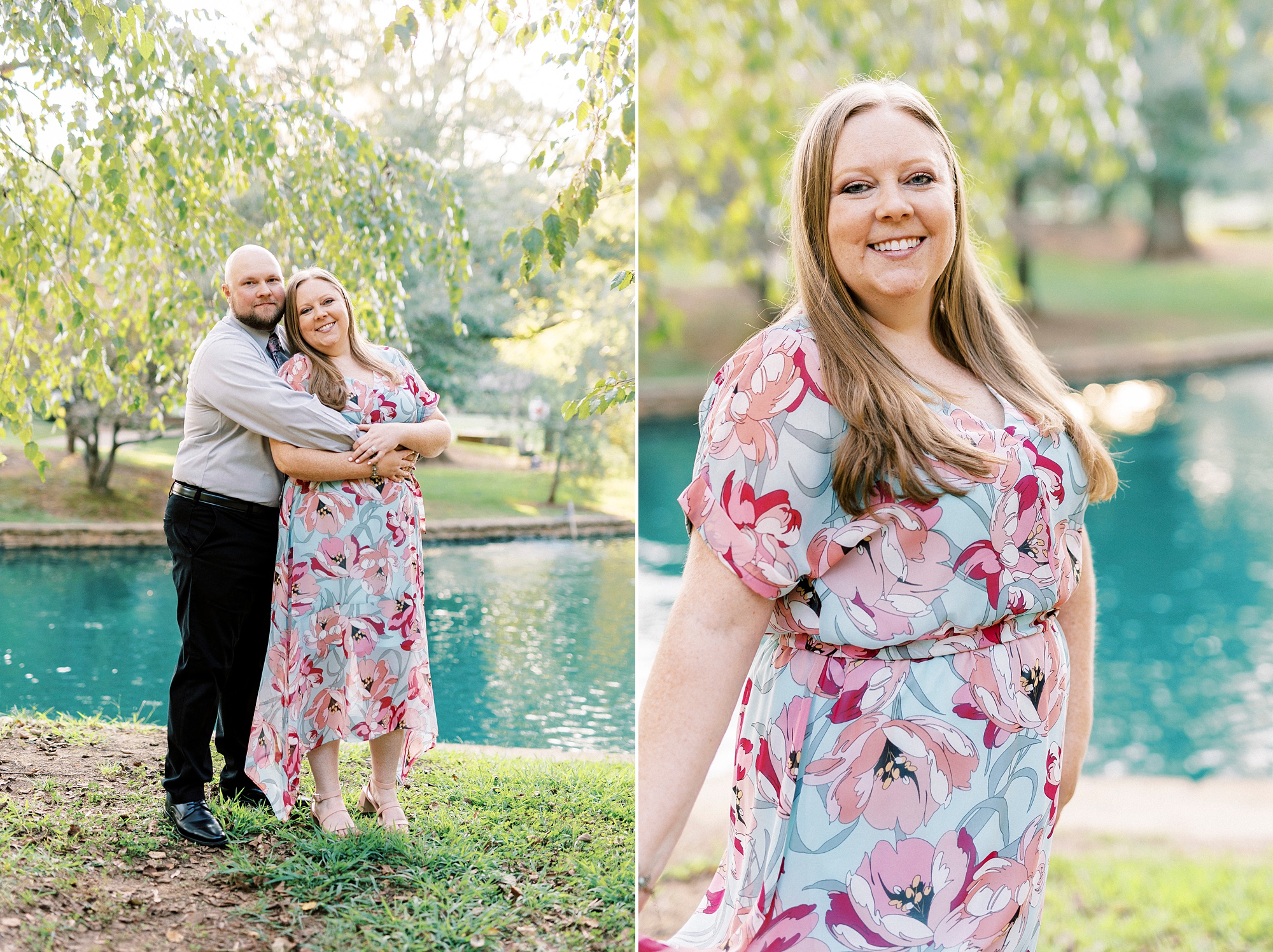 blonde woman in pink and blue flower dress hugs man near pond in Charlotte NC