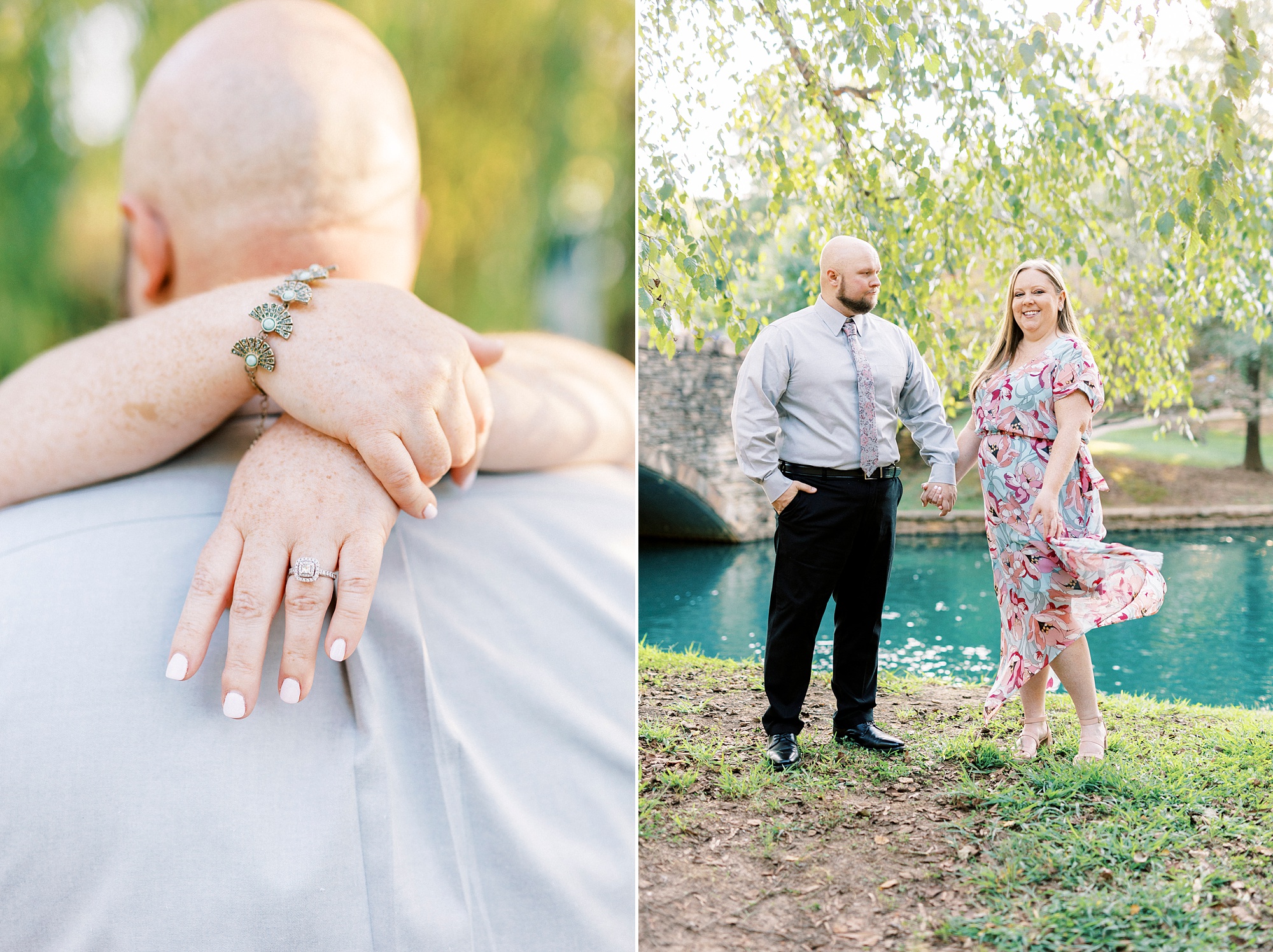 woman hugs man around neck showing off ring and bracelet 