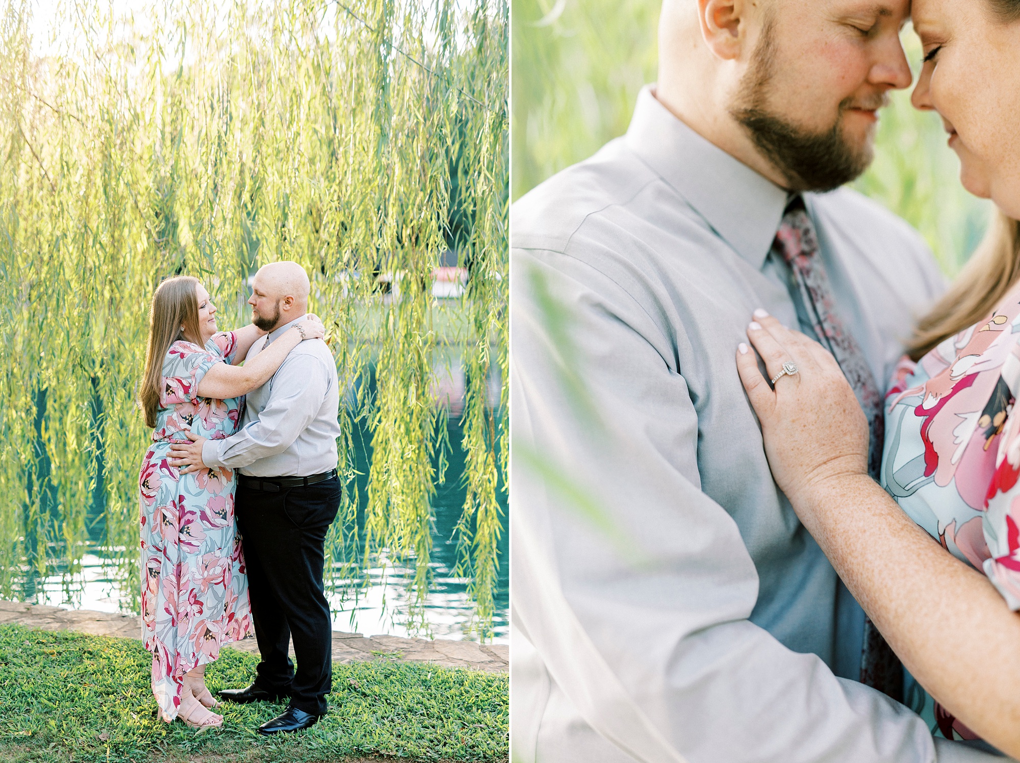 woman lays hand on man's chest showing off engagement ring