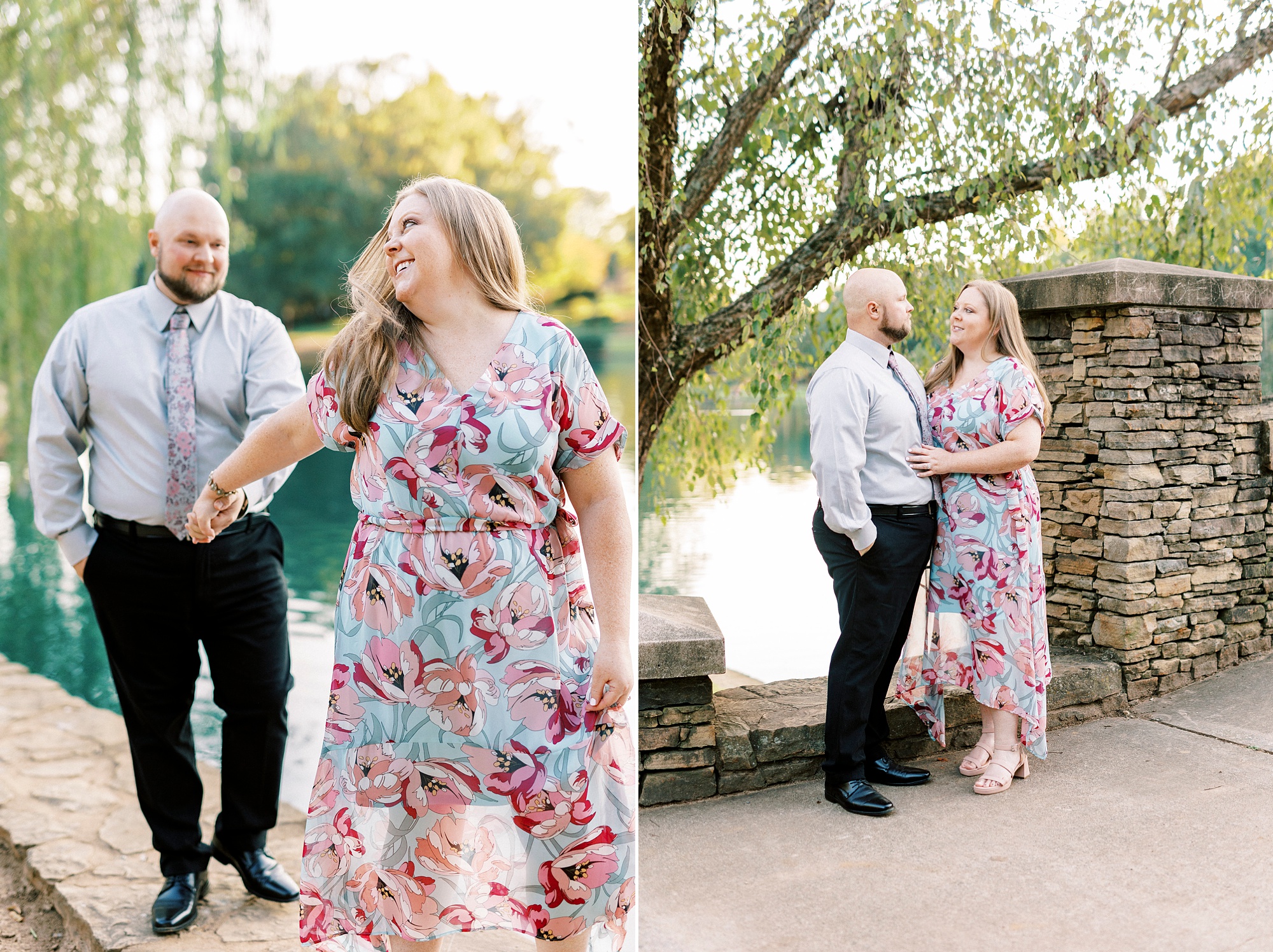 engaged couple hugs near stone bridge in Freedom Park 