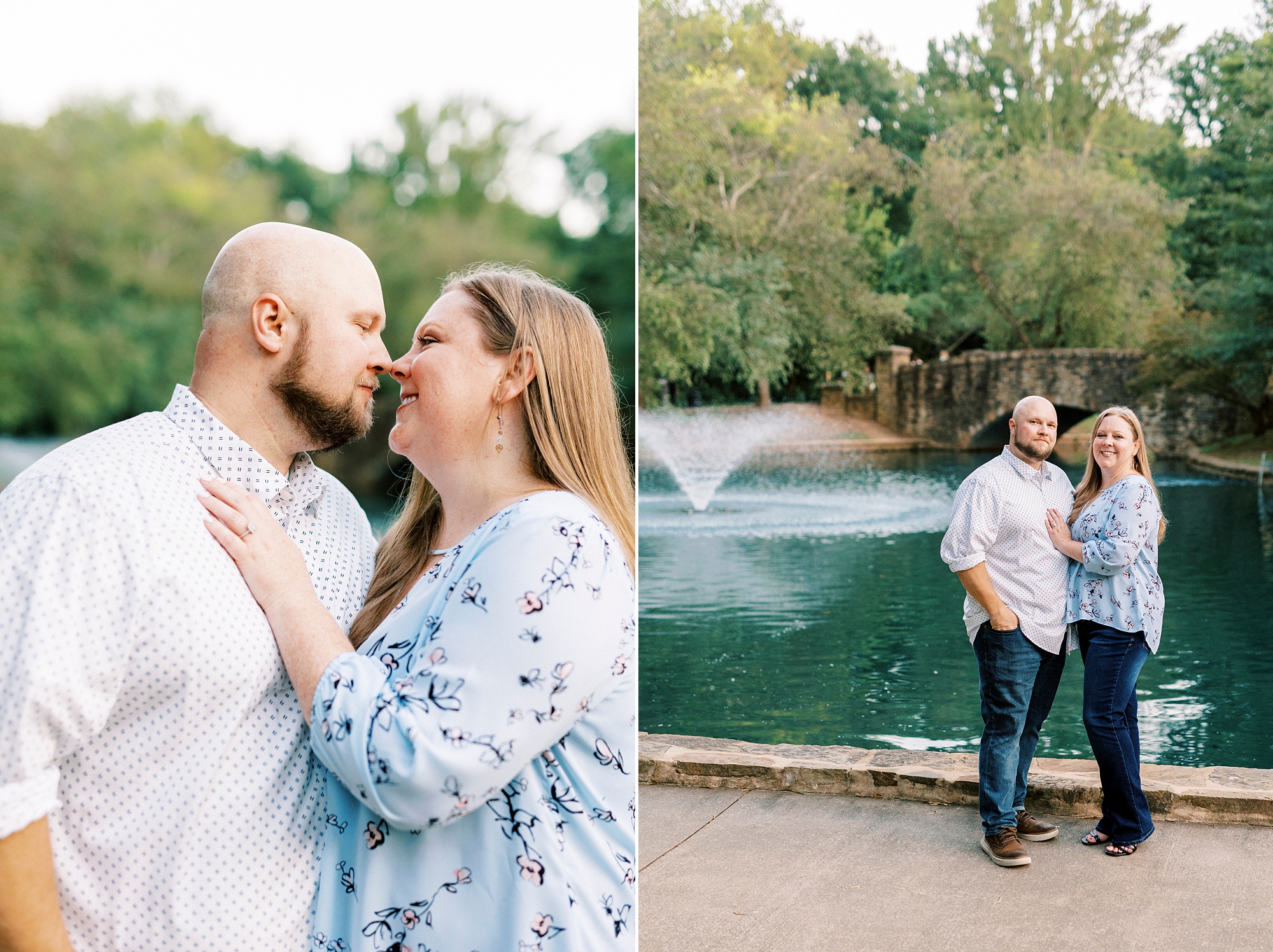 engaged couple hugs in casual outfits near pond in Freedom Park