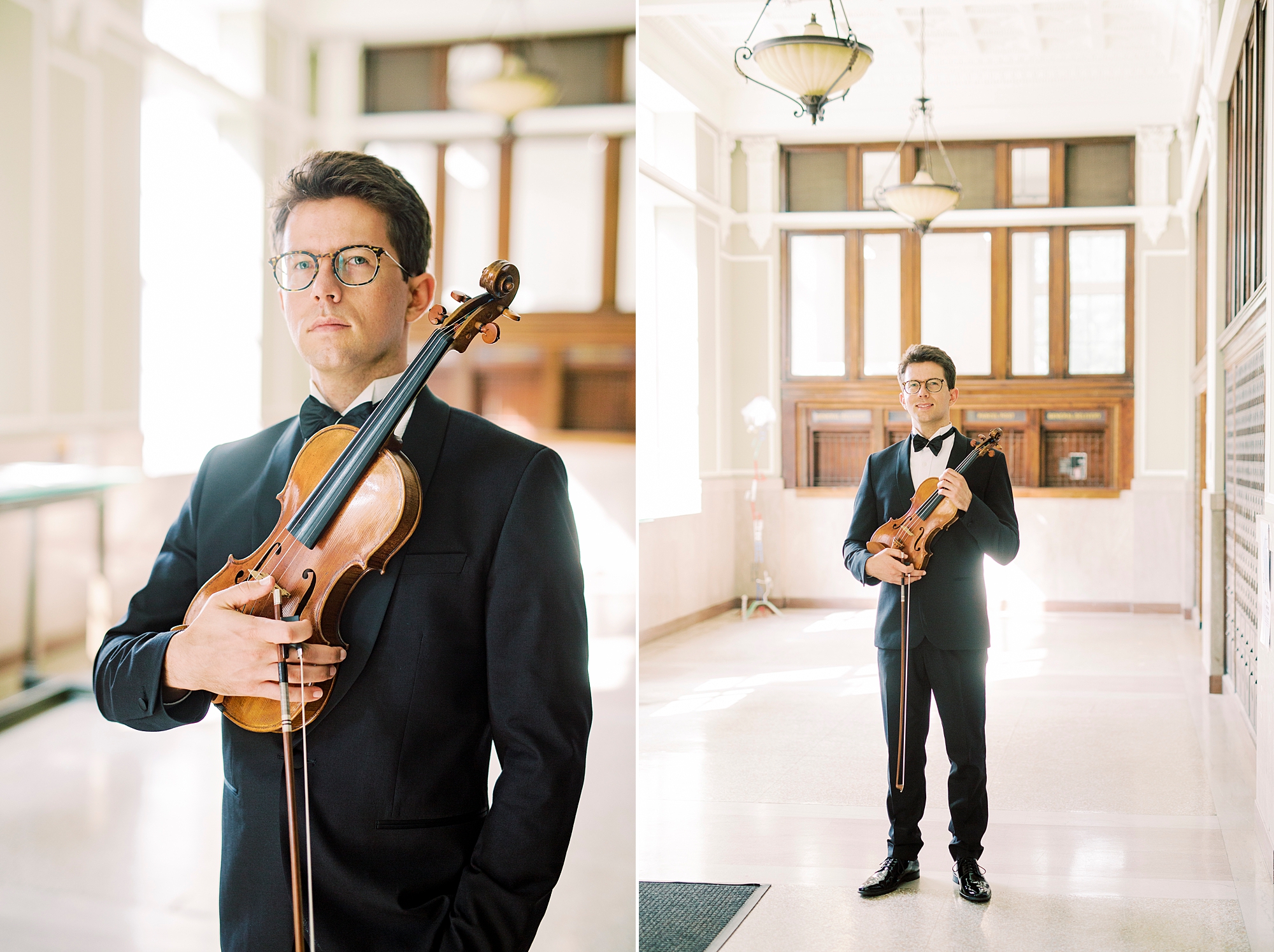 man in tux holds violin against chest in Rock Hill home