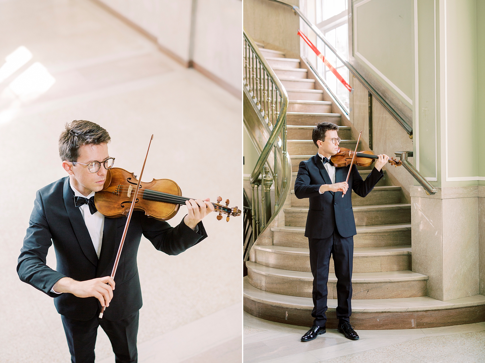 man plays violin at the end of the staircase inside SC home