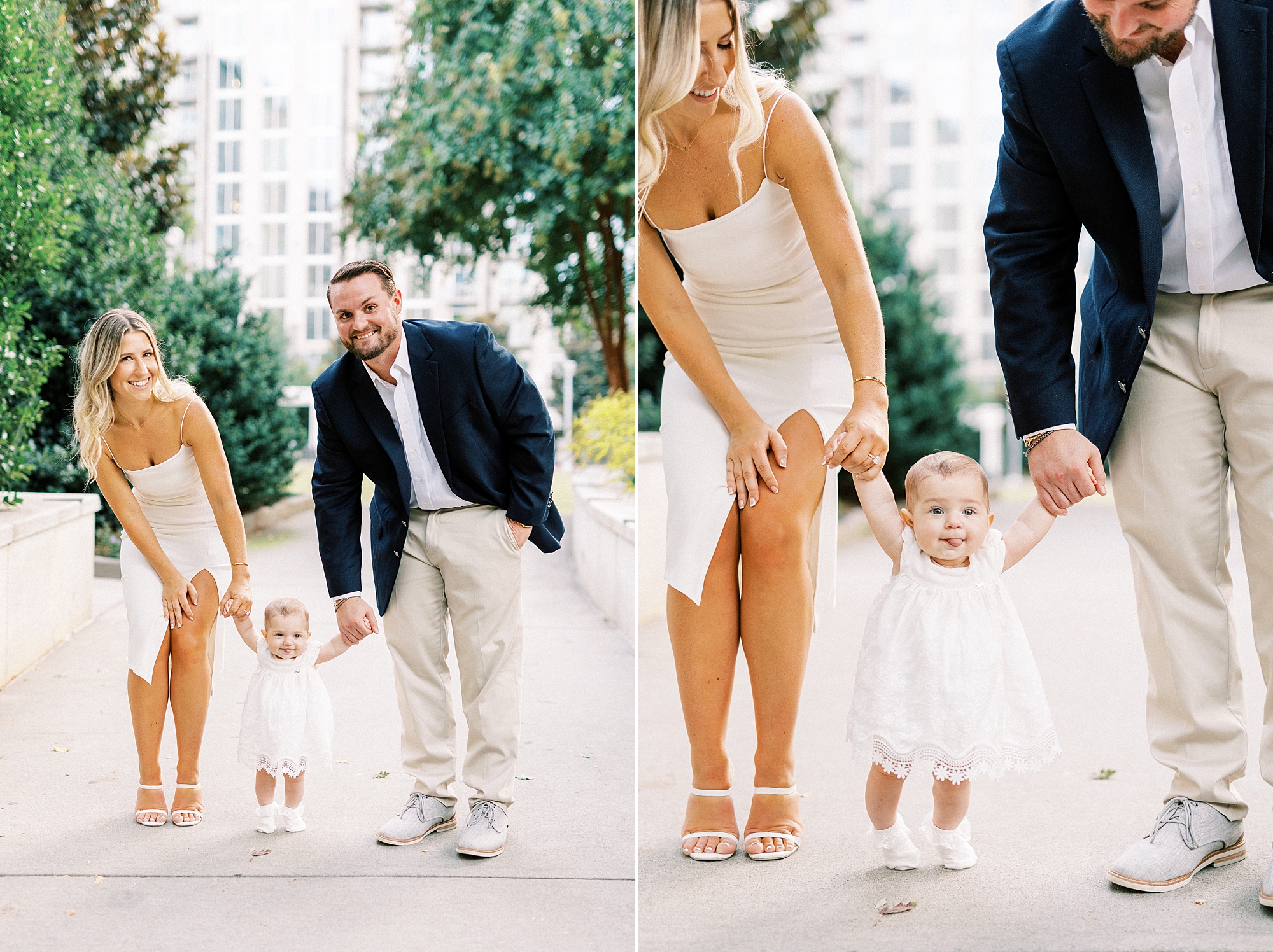 parents walk with daughters walking on brick path at Romare Bearden Park
