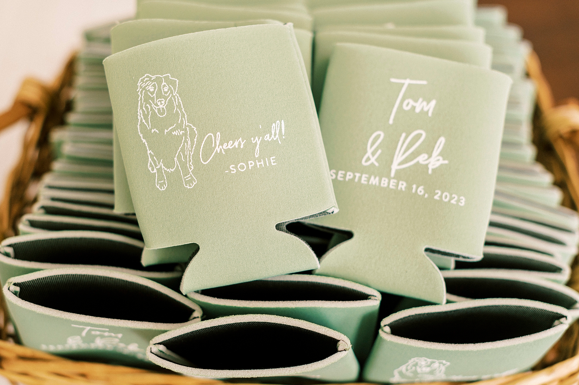 custom sage green koozies with couple's names and dog
