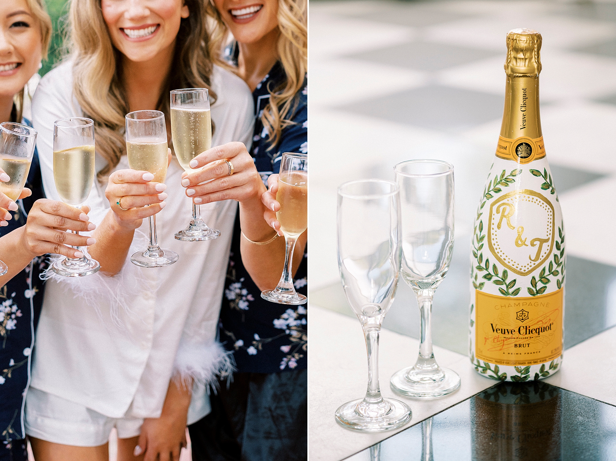 bridesmaids toast glasses of champagne outside Separk Mansion