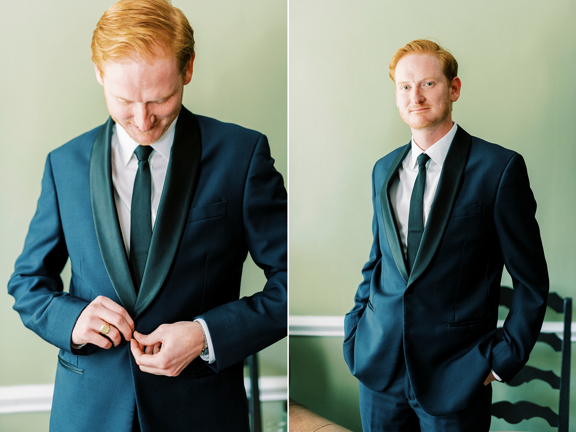 groom stands in navy suit jacket with tie outside Separk Mansion