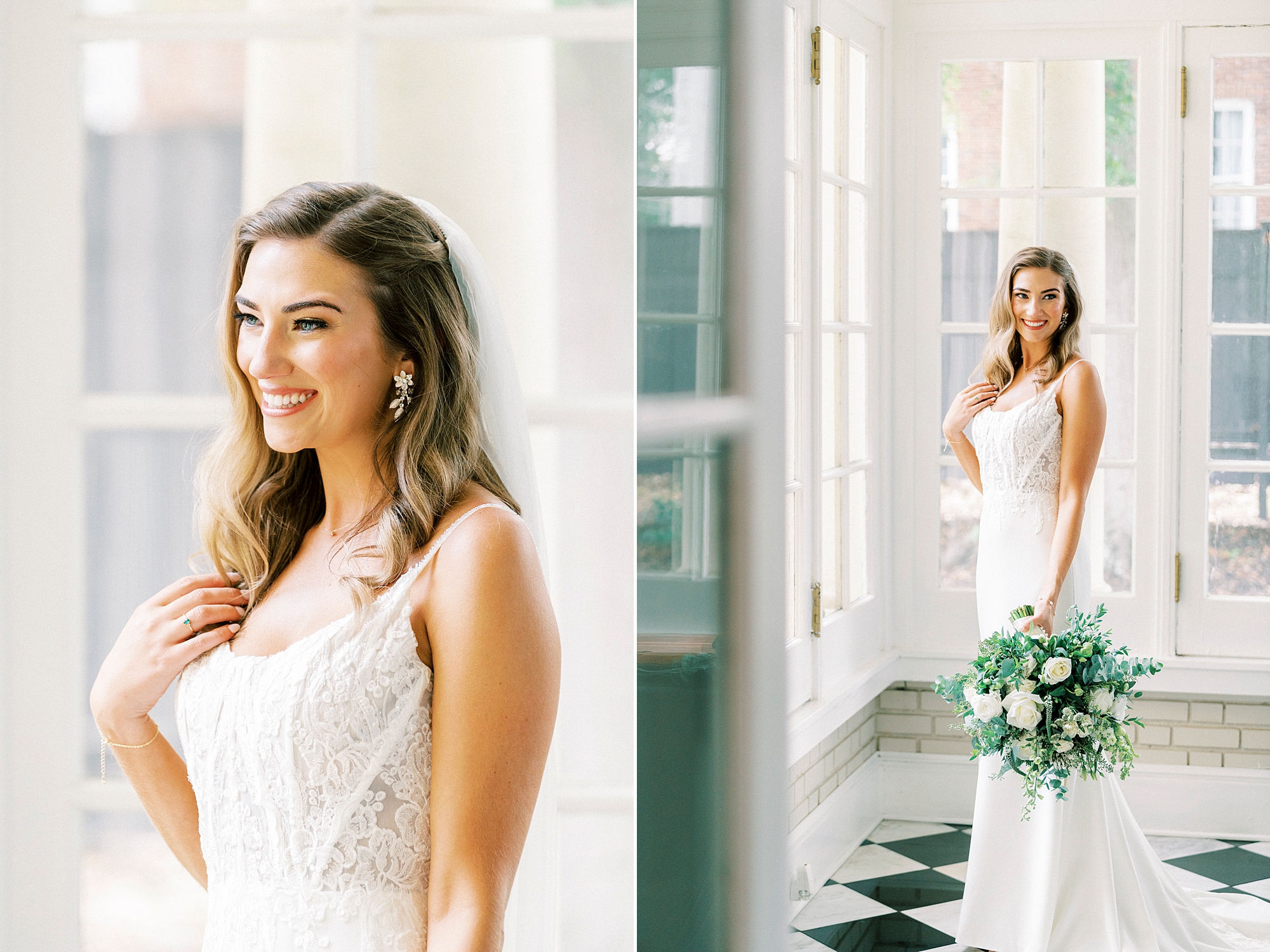 bride stands in sunroom on black and white floor in Separk Mansion