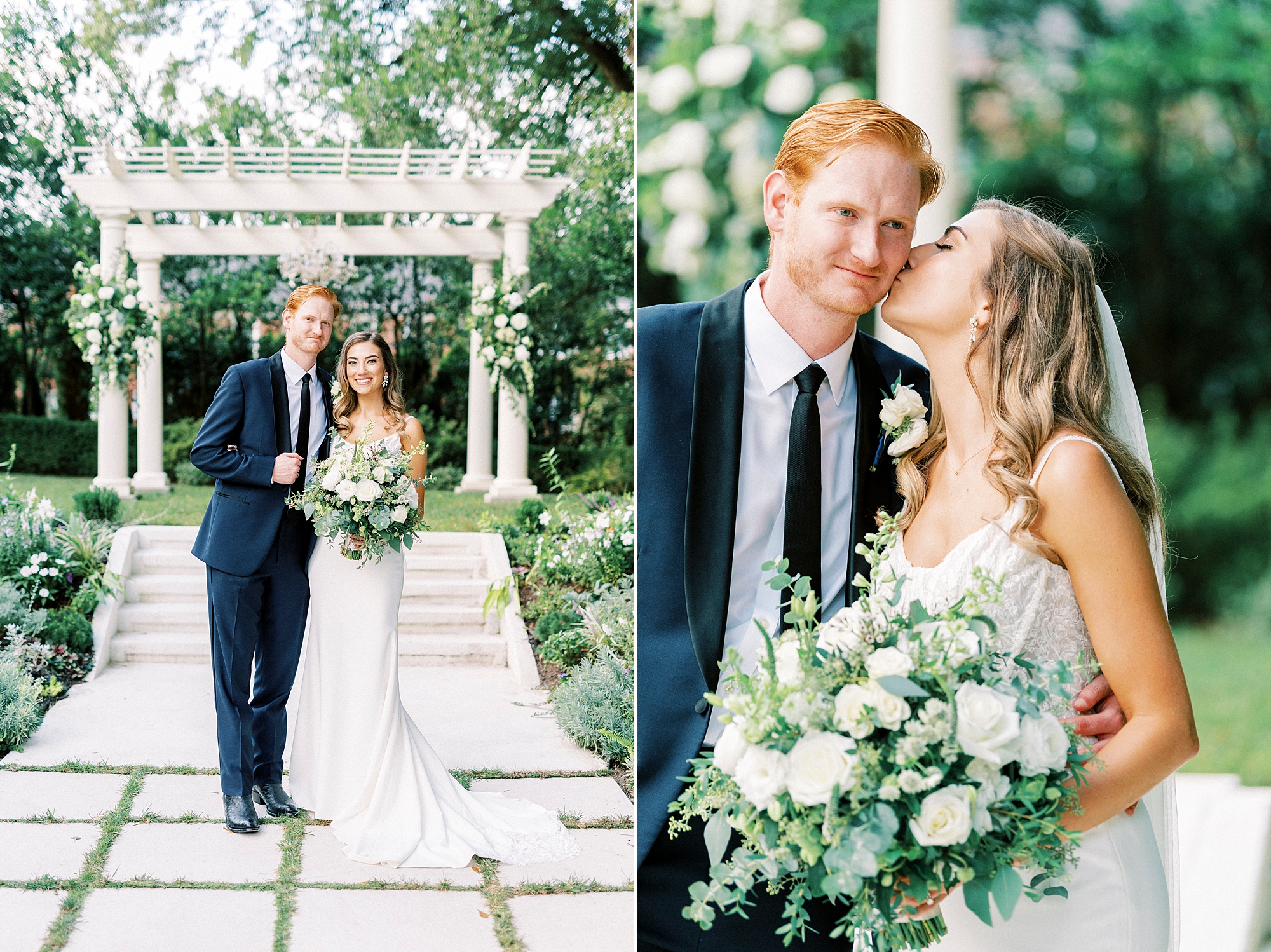 newlyweds hug and bride kisses groom's cheek in front of white arbor at Separk Mansion