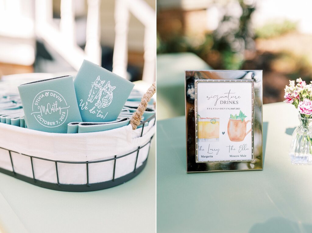 signature drink sign and koozies for reception at Whitehead Manor