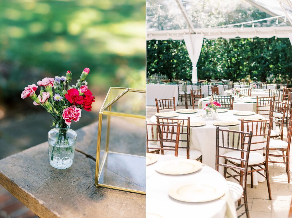 small wildflower centerpieces under tented wedding reception at Whitehead Manor