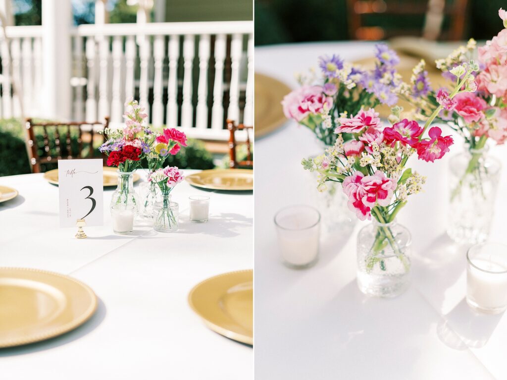 wedding reception place setting with pink wildflower centerpieces 