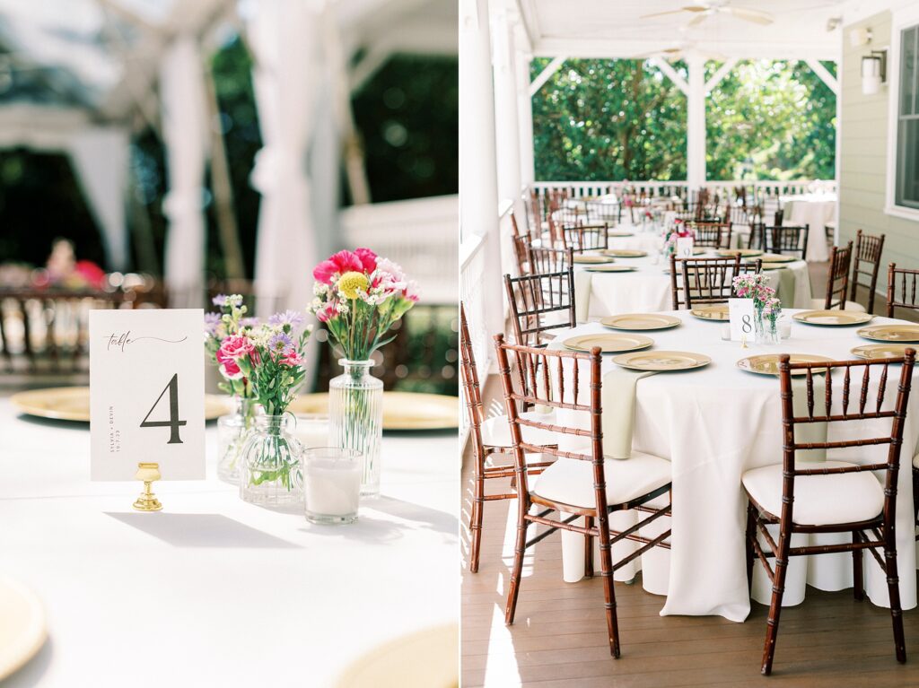 wedding reception tables under clear tent on lawn at Whitehead Manor